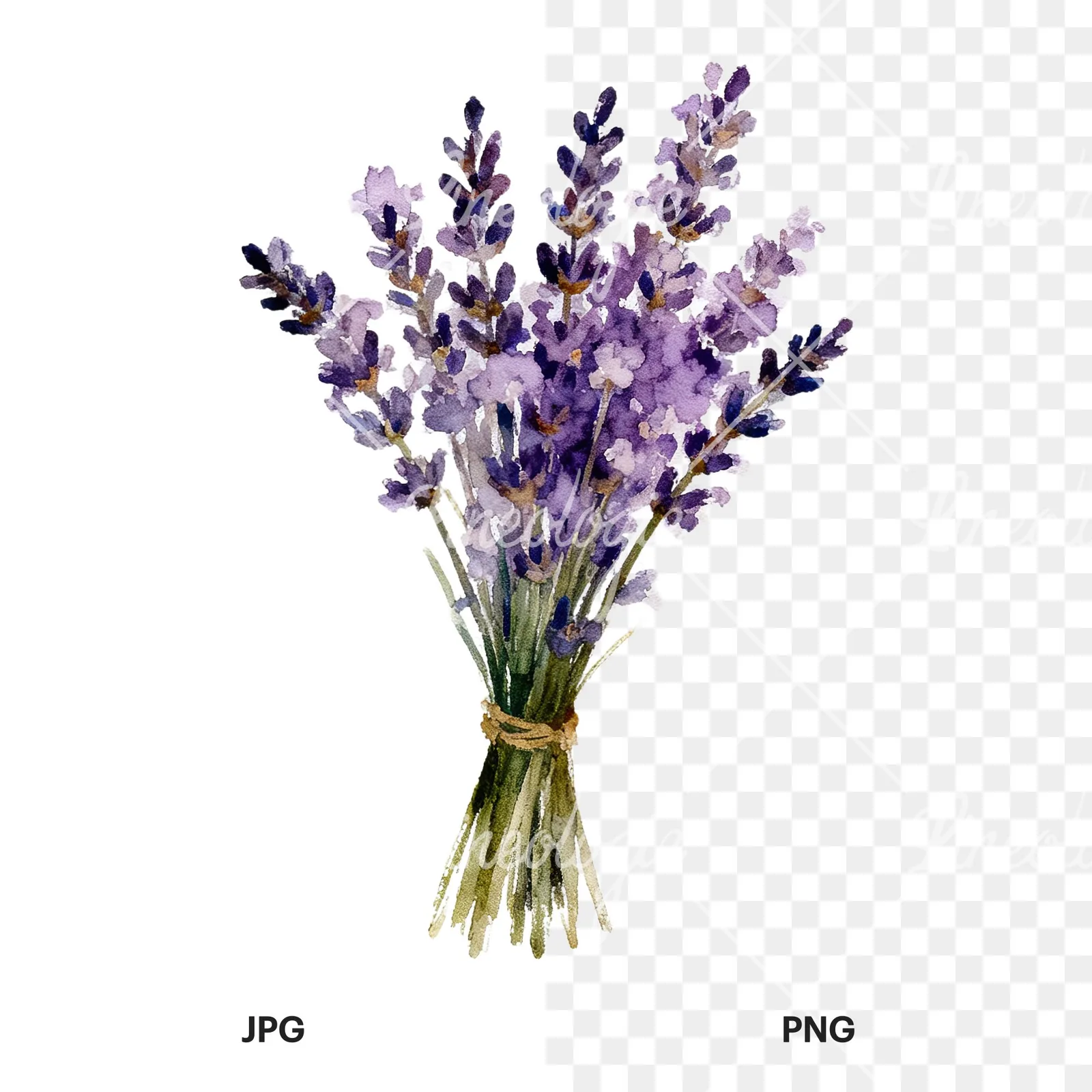 Watercolor lavender bouquet with blue accents clipart 4 of 9, as a JPG on white and a transparent PNG