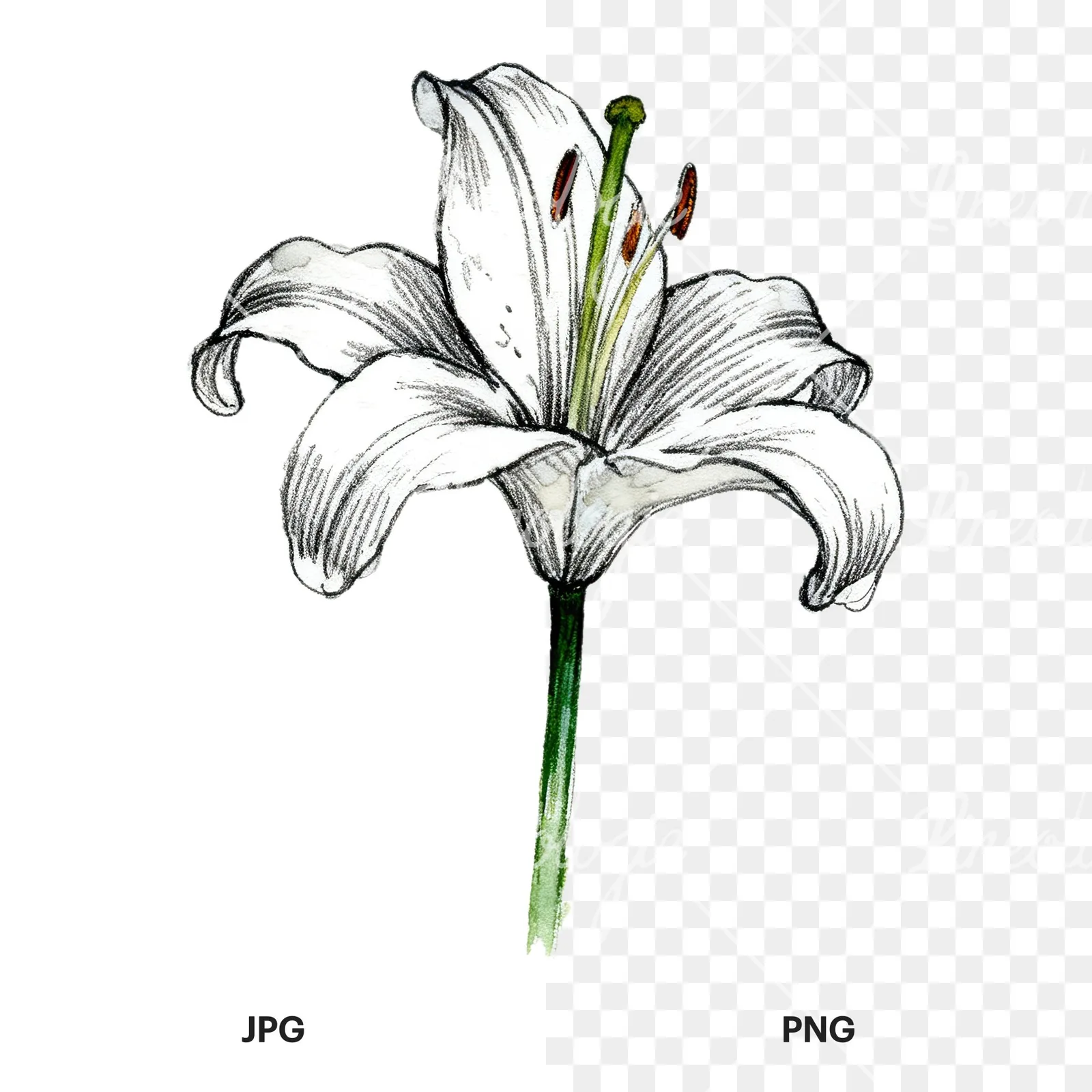 Watercolor lillies lilys flower clipart 7 of 9, as a JPG on white and a transparent PNG
