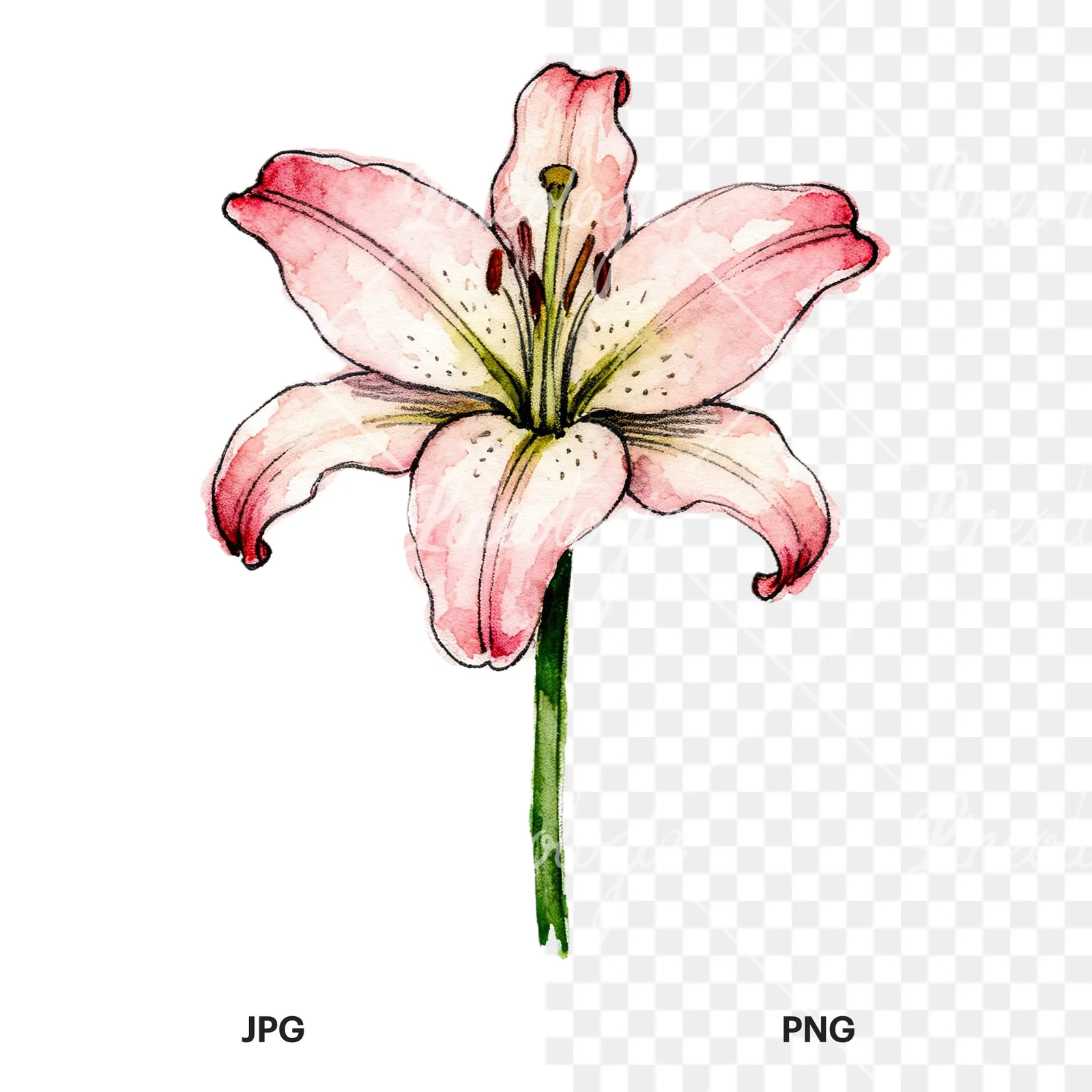 Watercolor lillies lilys flower clipart 9 of 9, as a JPG on white and a transparent PNG