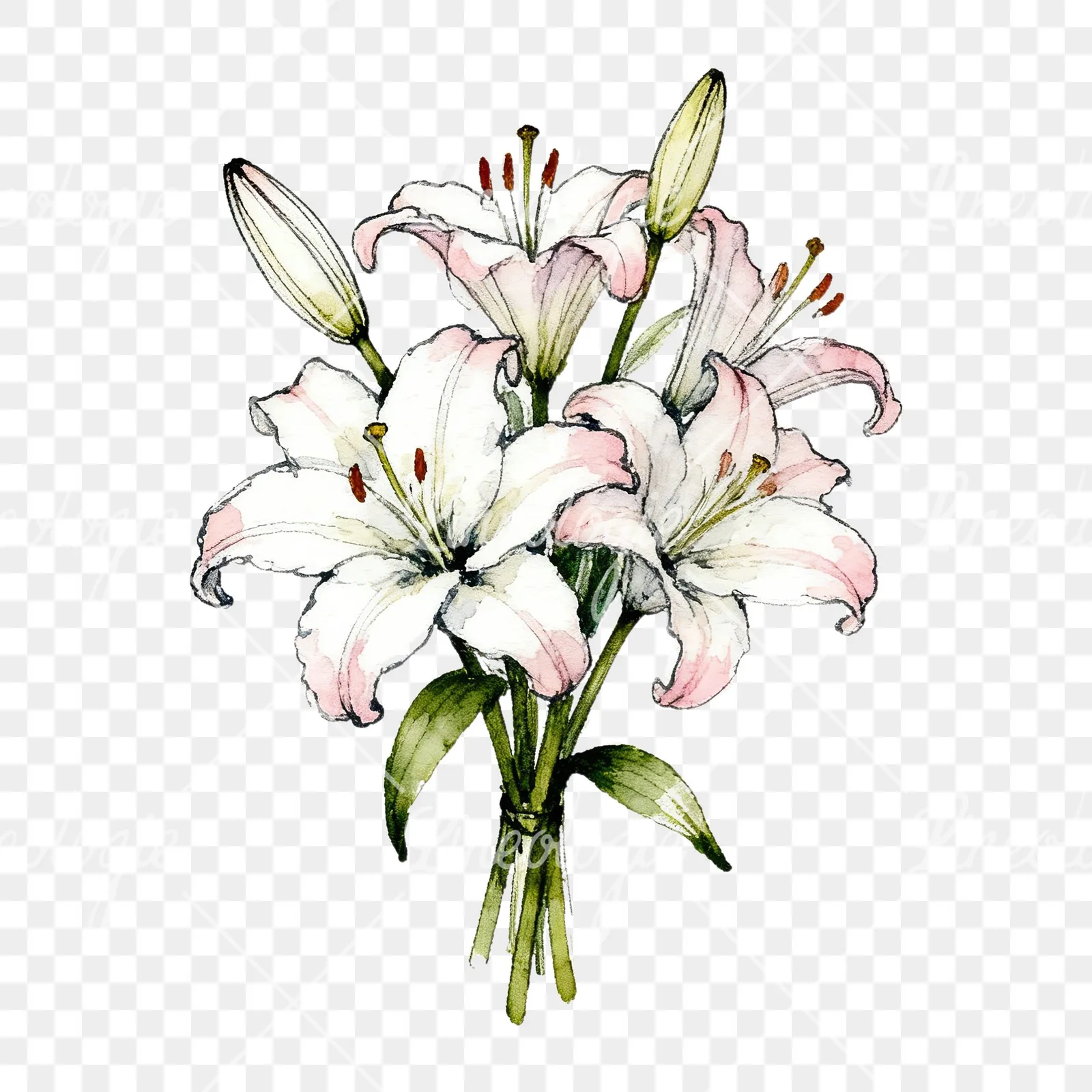 Watercolor lily bouquets white pink clipart 1 of 9 on a transparent background (PNG)