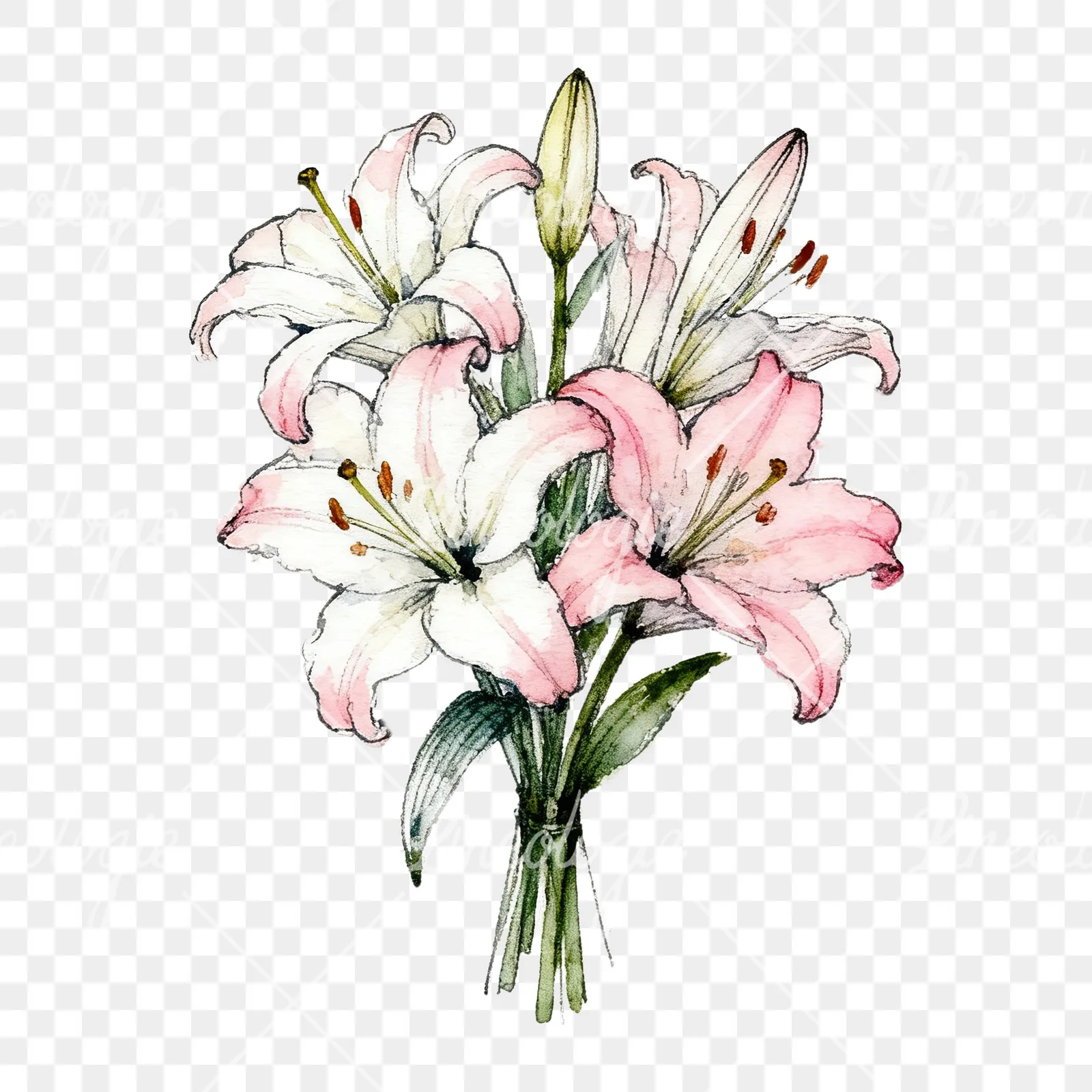 Watercolor lily bouquets white pink clipart 2 of 9 on a transparent background (PNG)