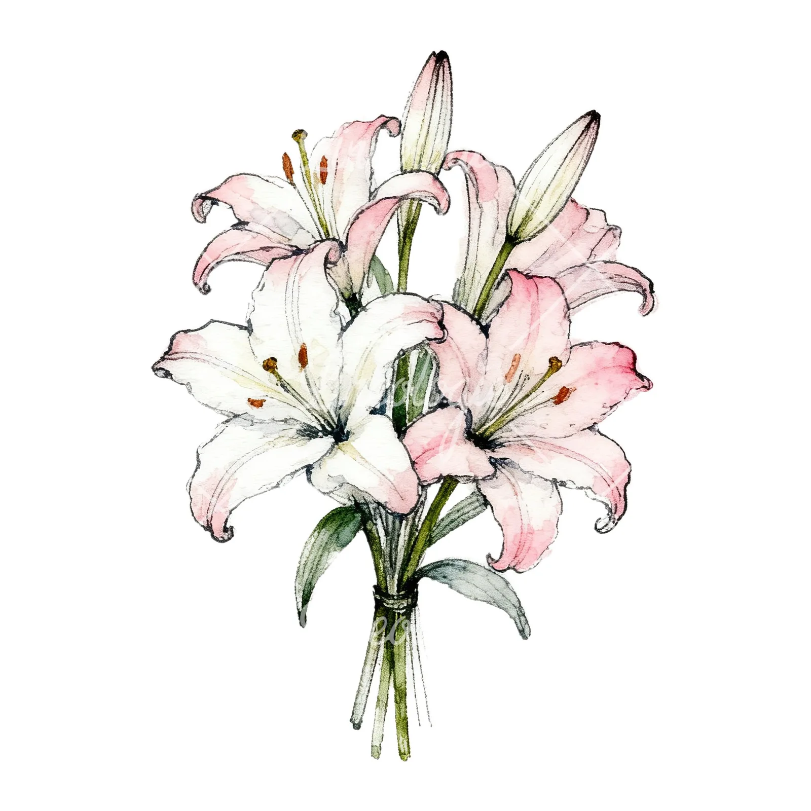 Watercolor lily bouquets white pink clipart 3 of 9 on a white background (JPG)