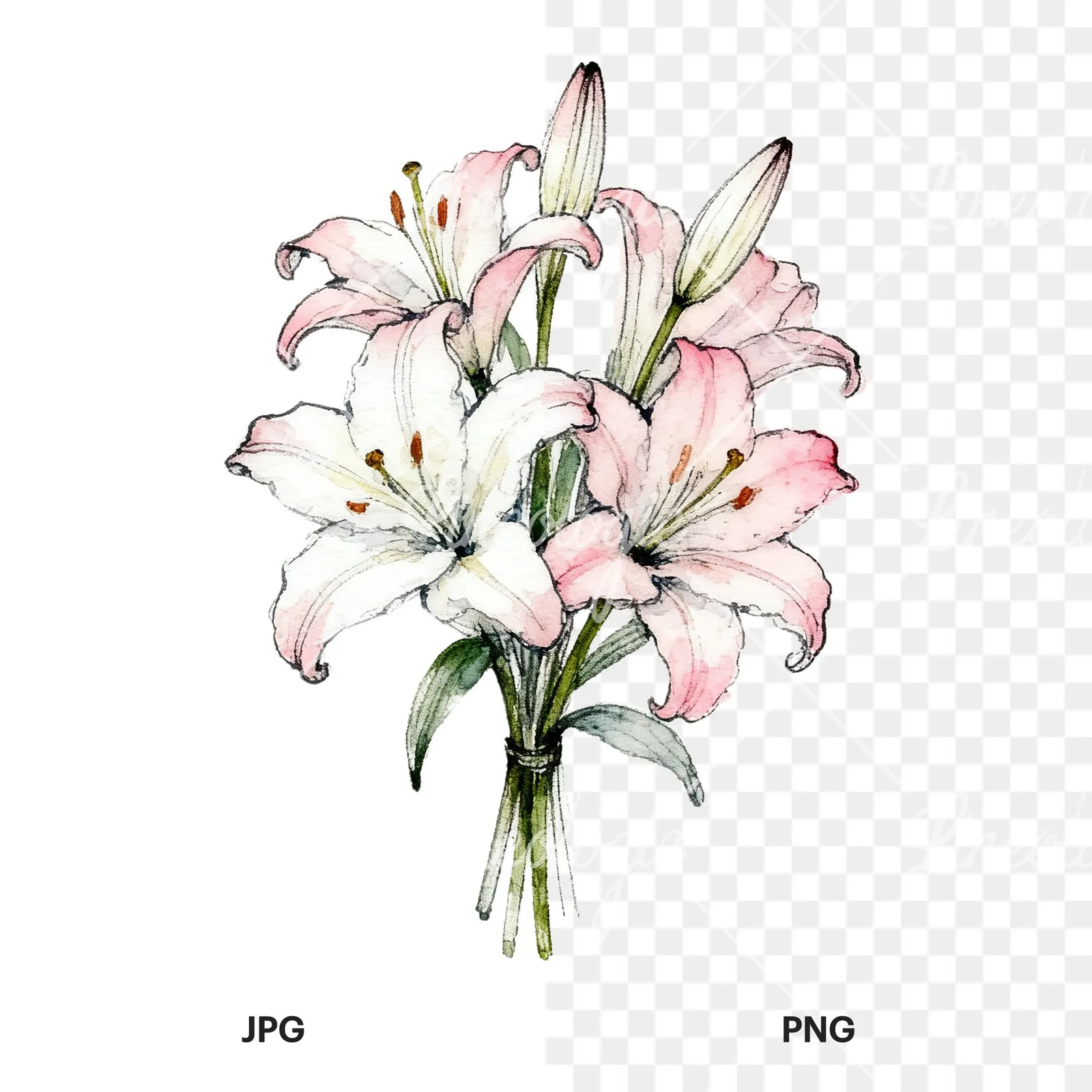 Watercolor lily bouquets white pink clipart 3 of 9, as a JPG on white and a transparent PNG