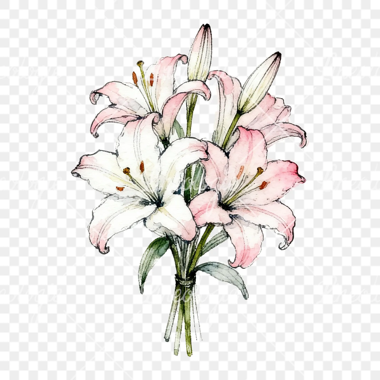 Watercolor lily bouquets white pink clipart 3 of 9 on a transparent background (PNG)