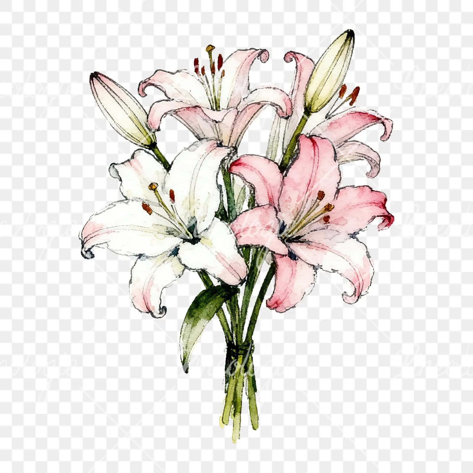 Watercolor lily bouquets white pink clipart 4 of 9 on a transparent background (PNG)