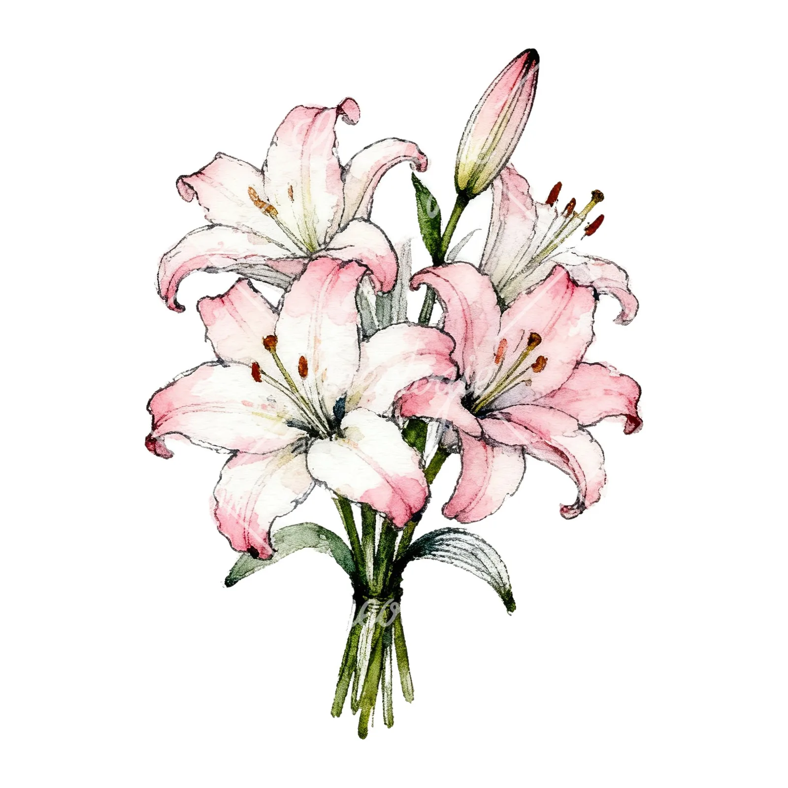 Watercolor lily bouquets white pink clipart 5 of 9 on a white background (JPG)