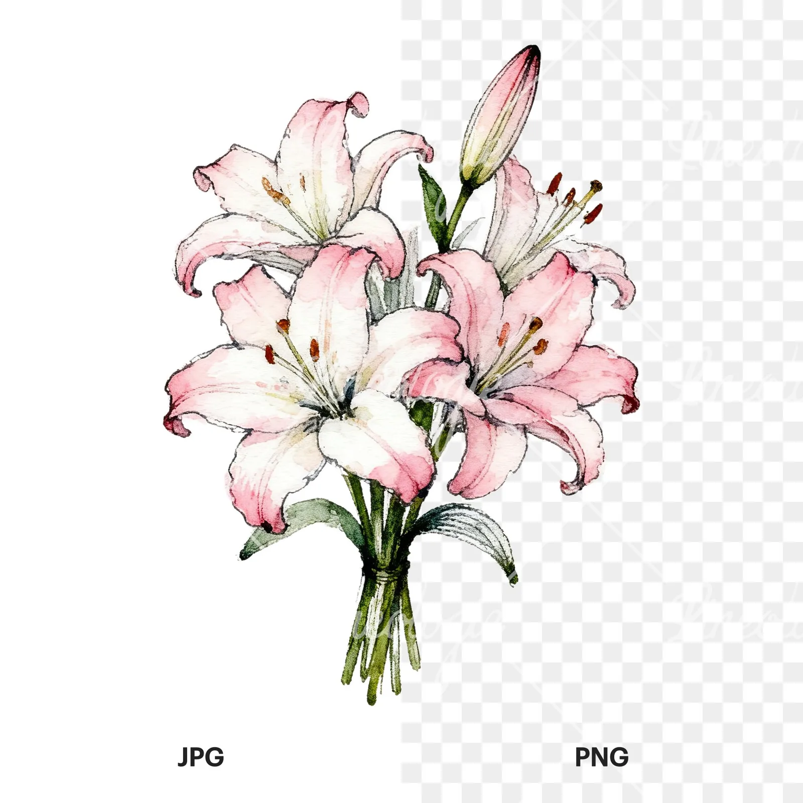 Watercolor lily bouquets white pink clipart 5 of 9, as a JPG on white and a transparent PNG
