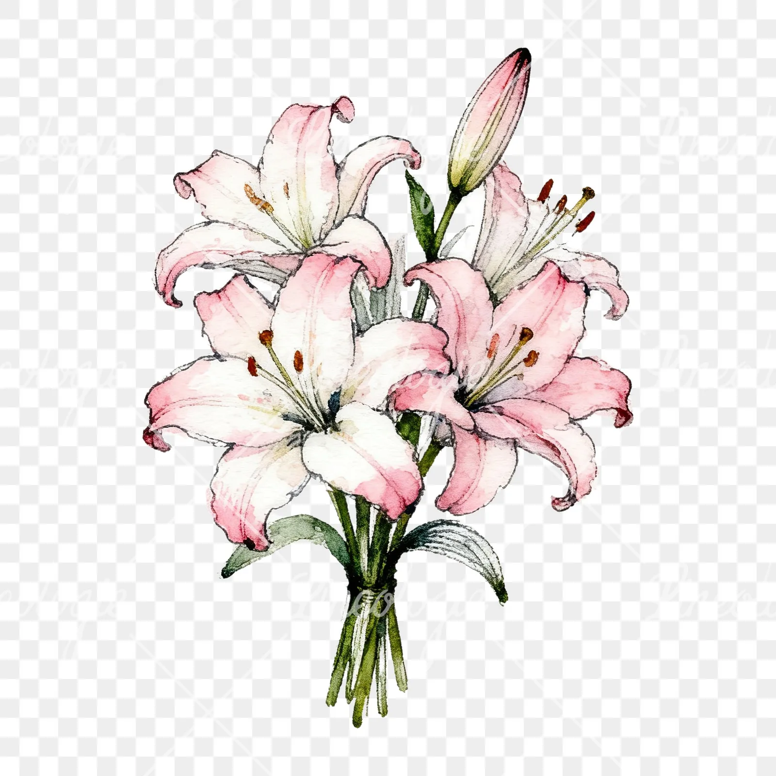Watercolor lily bouquets white pink clipart 5 of 9 on a transparent background (PNG)