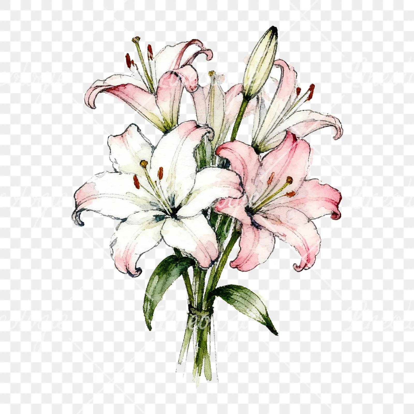 Watercolor lily bouquets white pink clipart 6 of 9 on a transparent background (PNG)