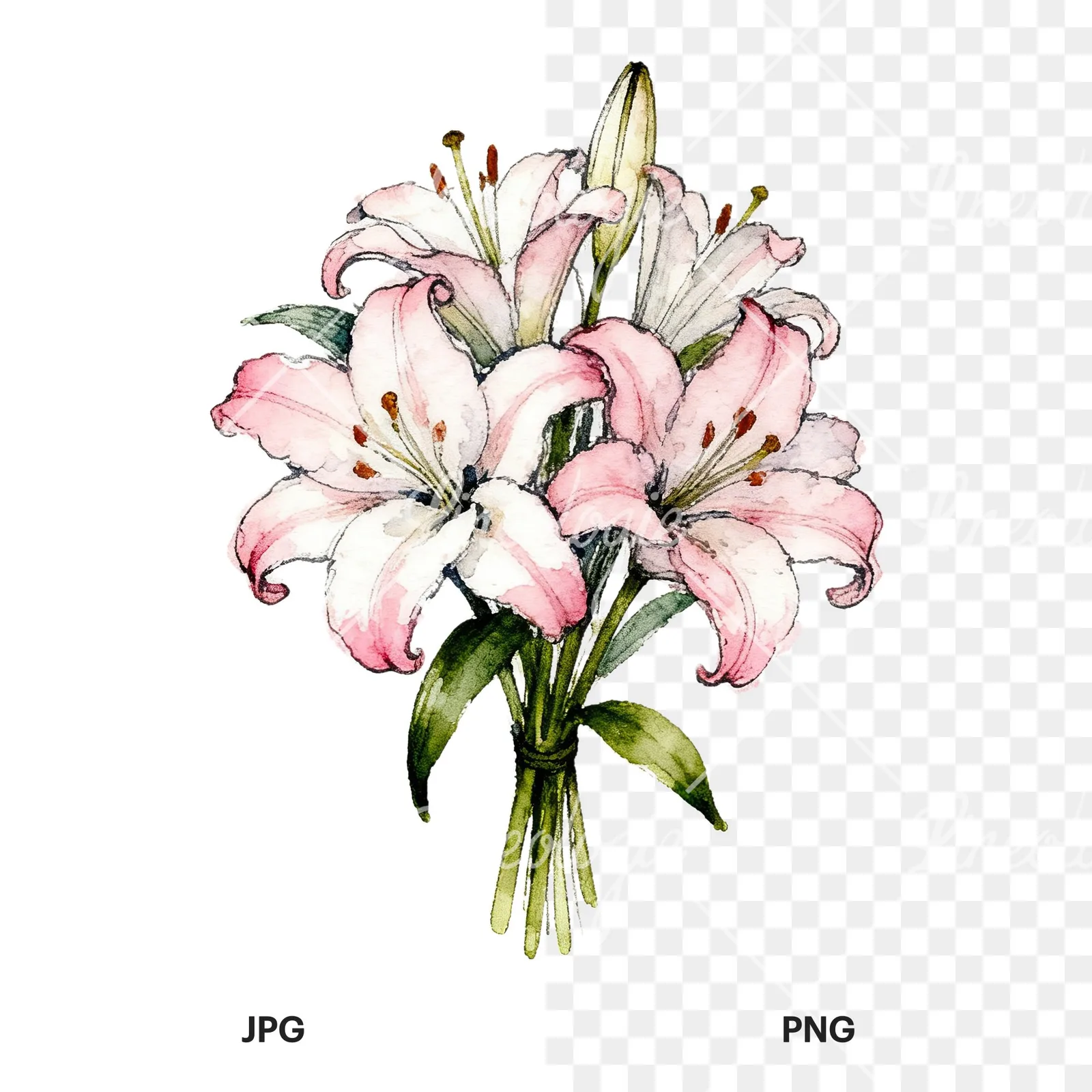 Watercolor lily bouquets white pink clipart 7 of 9, as a JPG on white and a transparent PNG
