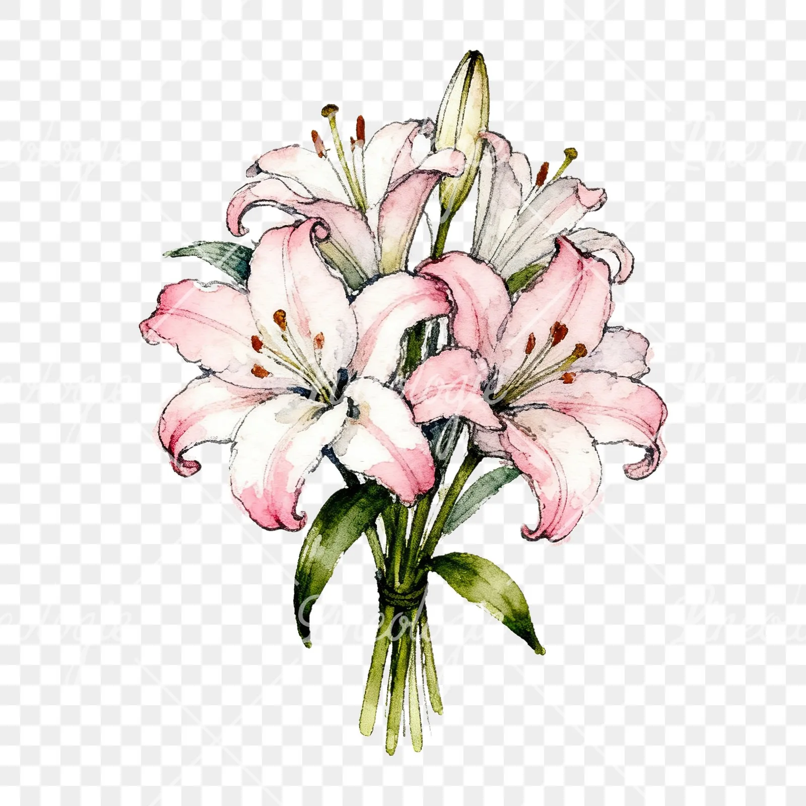 Watercolor lily bouquets white pink clipart 7 of 9 on a transparent background (PNG)