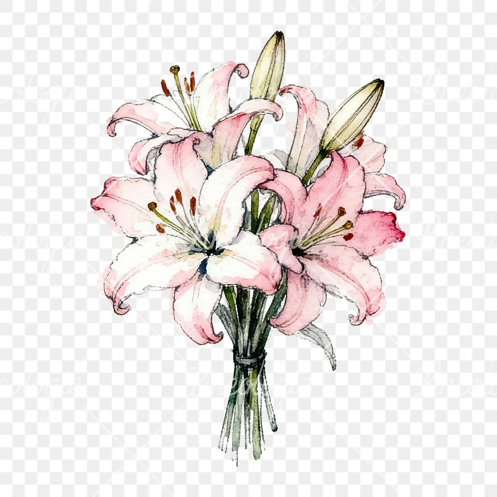 Watercolor lily bouquets white pink clipart 8 of 9 on a transparent background (PNG)