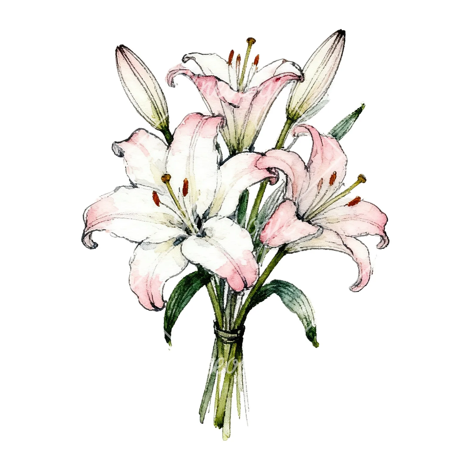 Watercolor lily bouquets white pink clipart 9 of 9 on a white background (JPG)