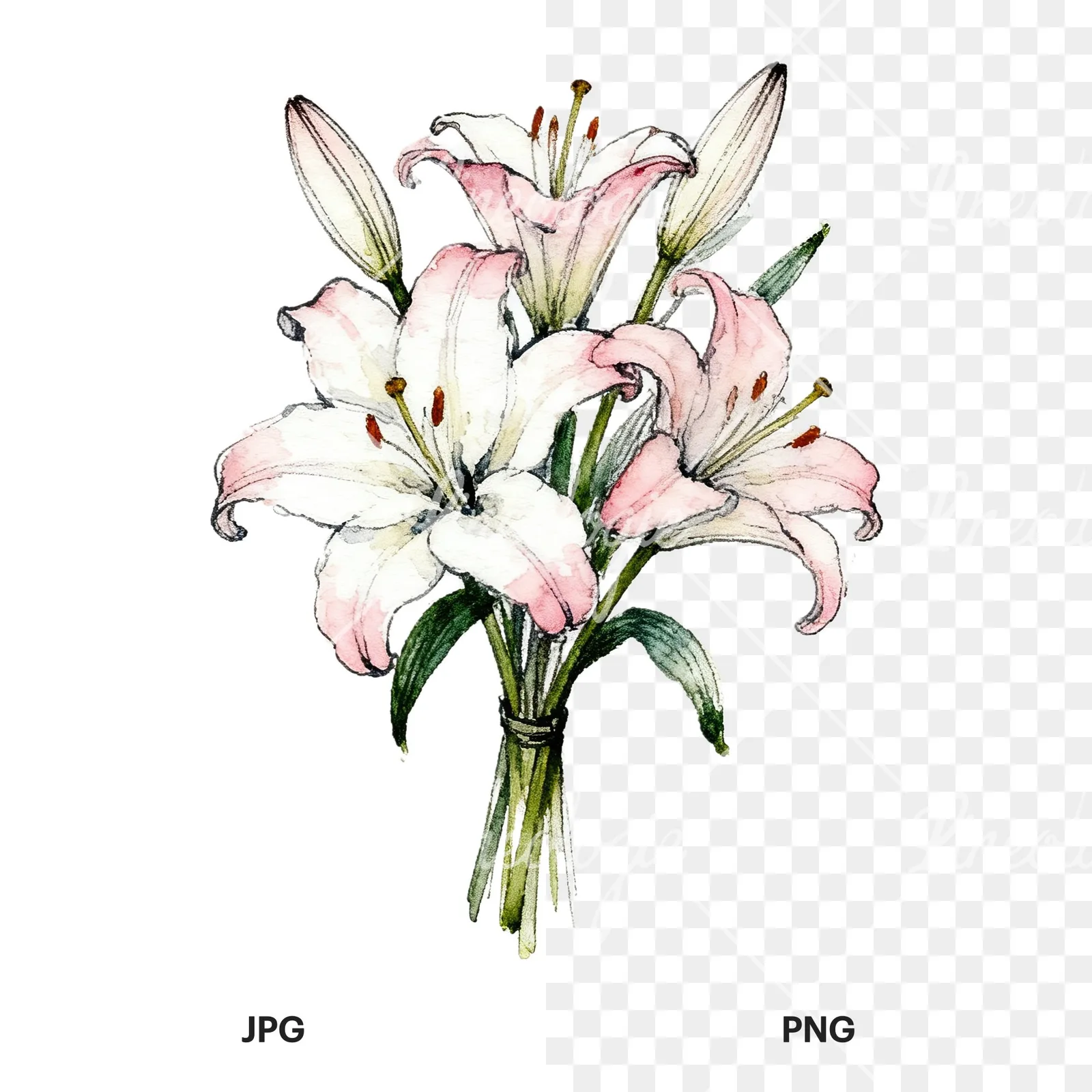 Watercolor lily bouquets white pink clipart 9 of 9, as a JPG on white and a transparent PNG
