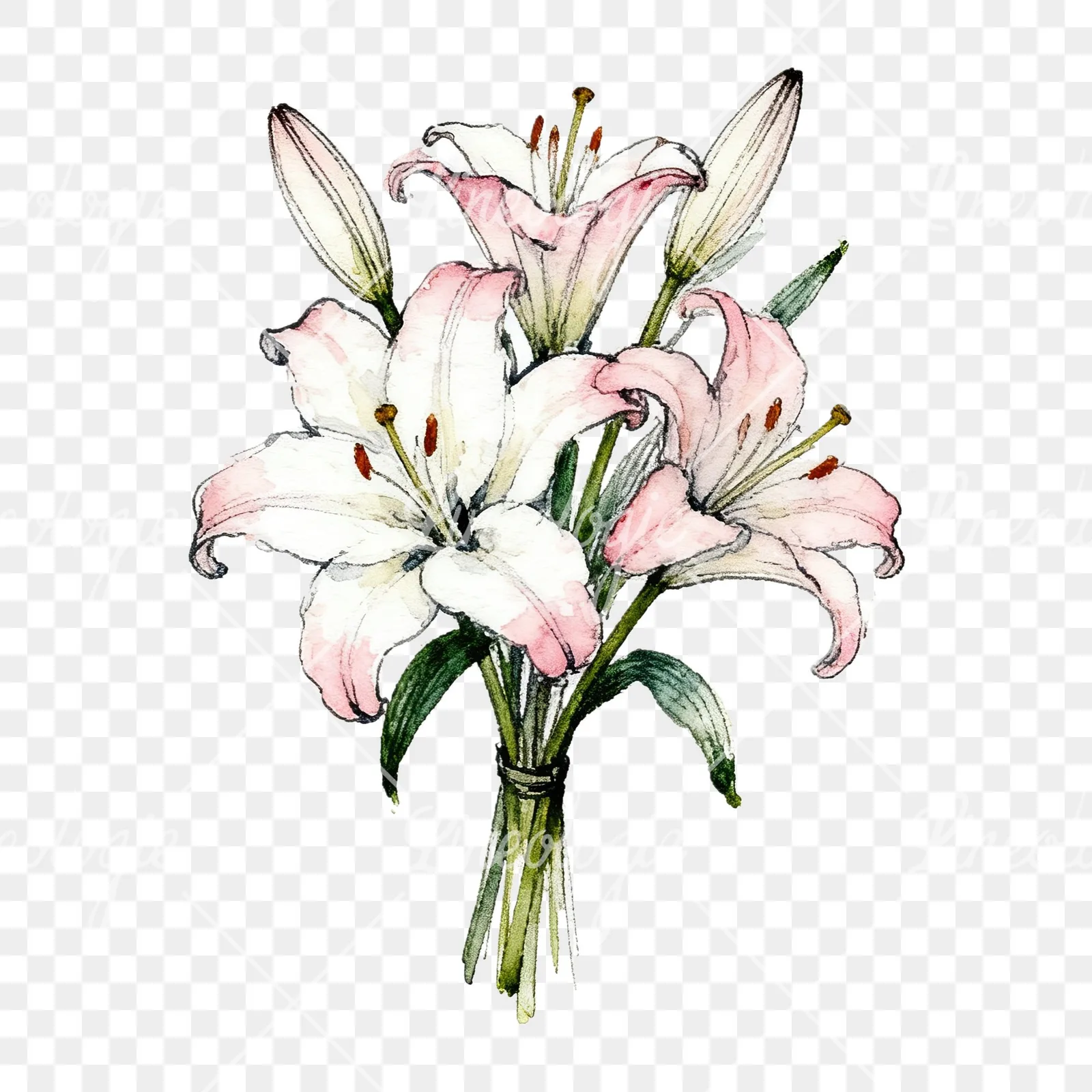 Watercolor lily bouquets white pink clipart 9 of 9 on a transparent background (PNG)