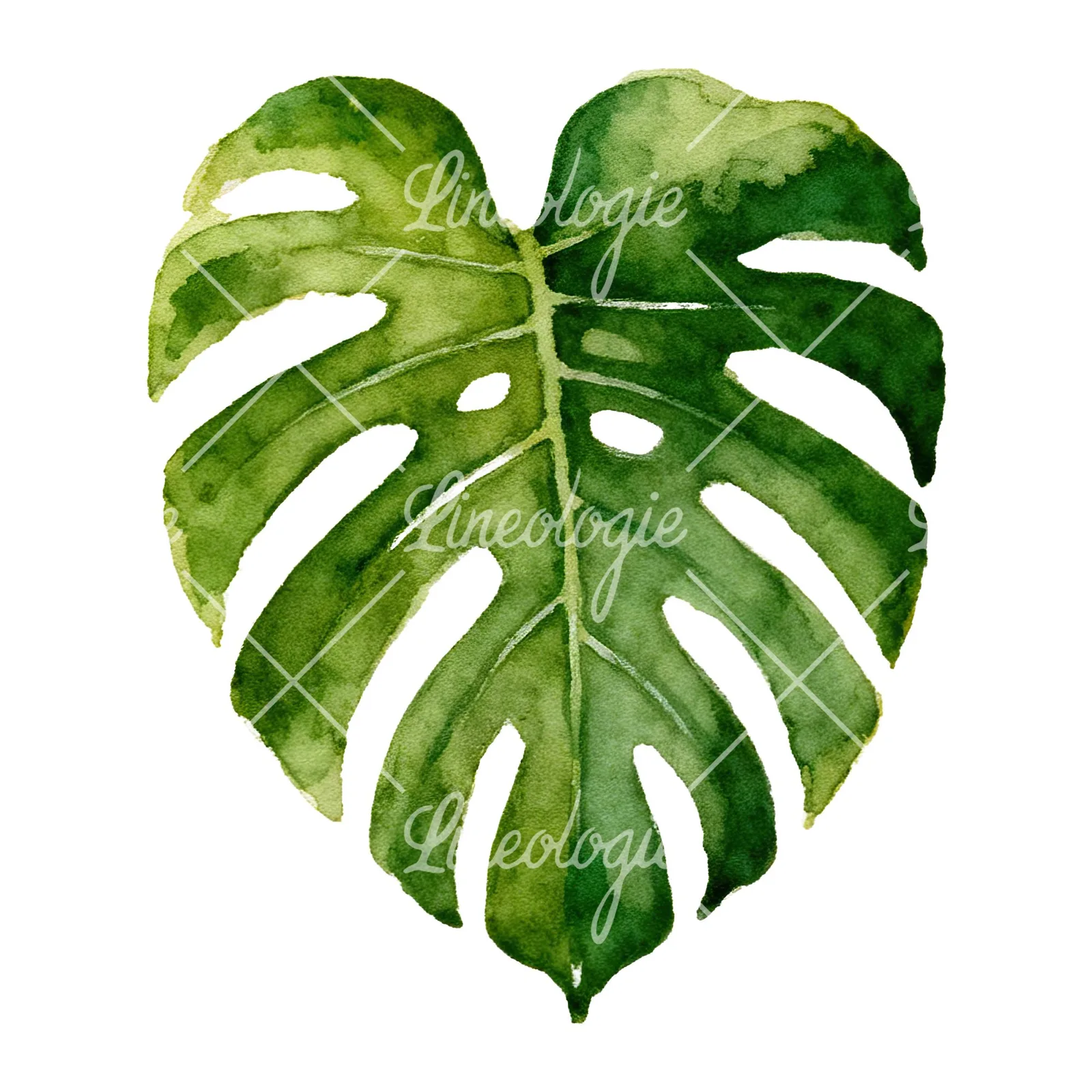 Watercolor light green monstera leaf clipart 1 of 9 on a white background (JPG)
