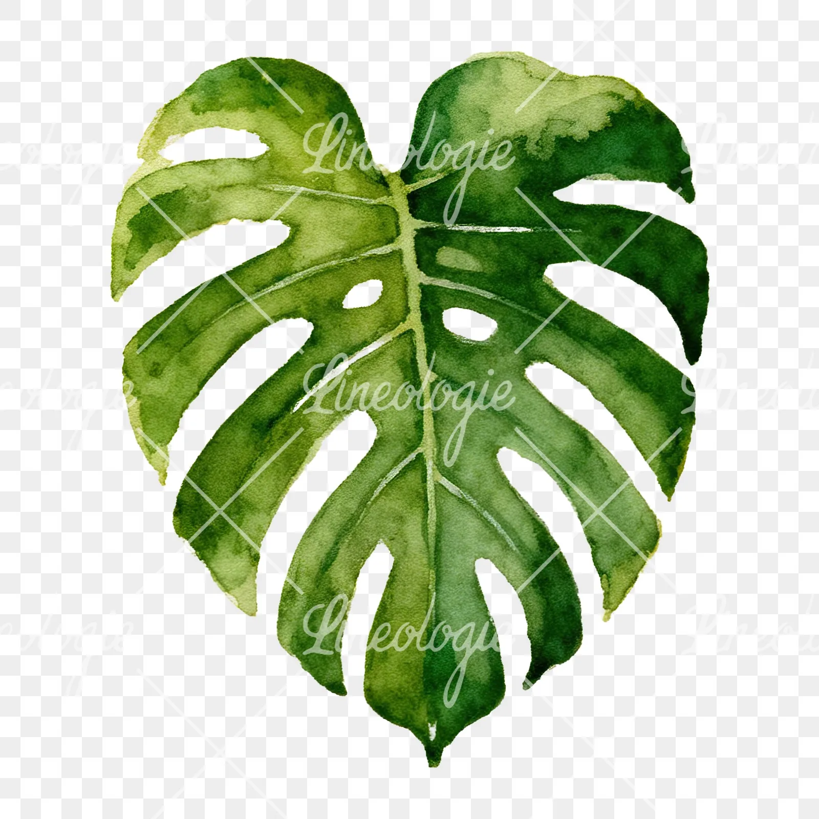 Watercolor light green monstera leaf clipart 1 of 9 on a transparent background (PNG)