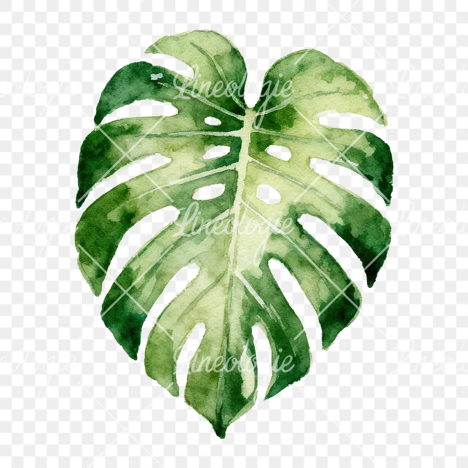 Watercolor light green monstera leaf clipart 3 of 9 on a transparent background (PNG)