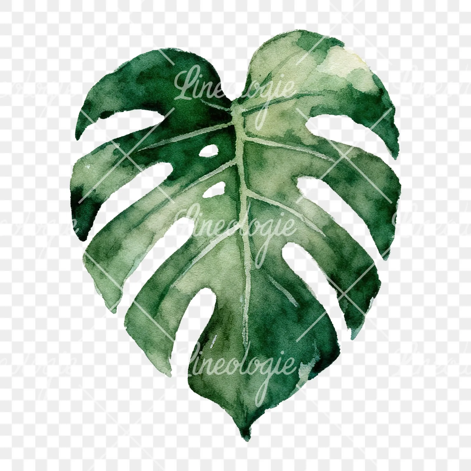 Watercolor light green monstera leaf clipart 4 of 9 on a transparent background (PNG)