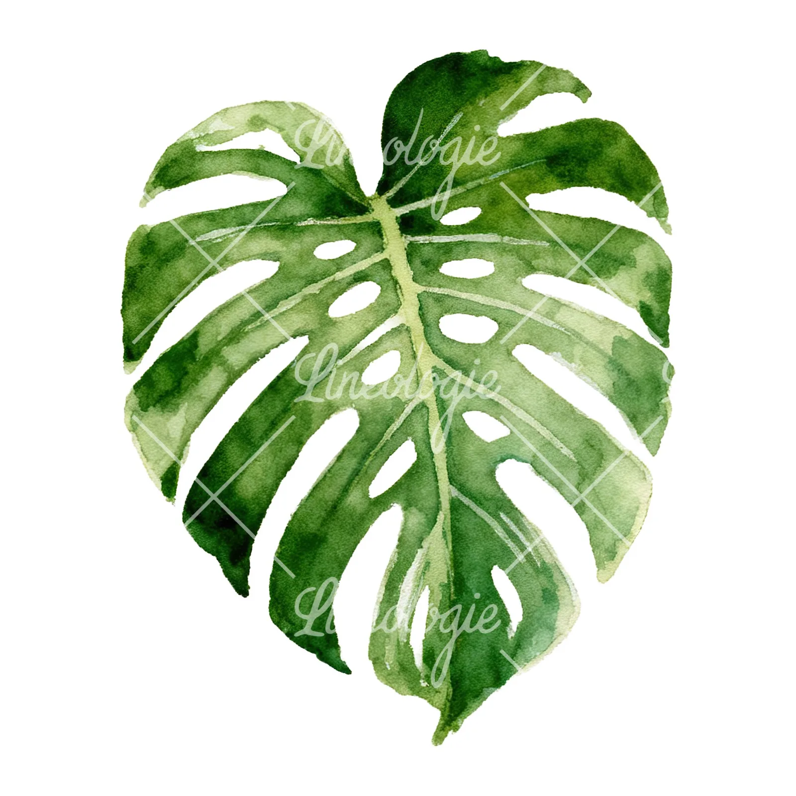 Watercolor light green monstera leaf clipart 5 of 9 on a white background (JPG)