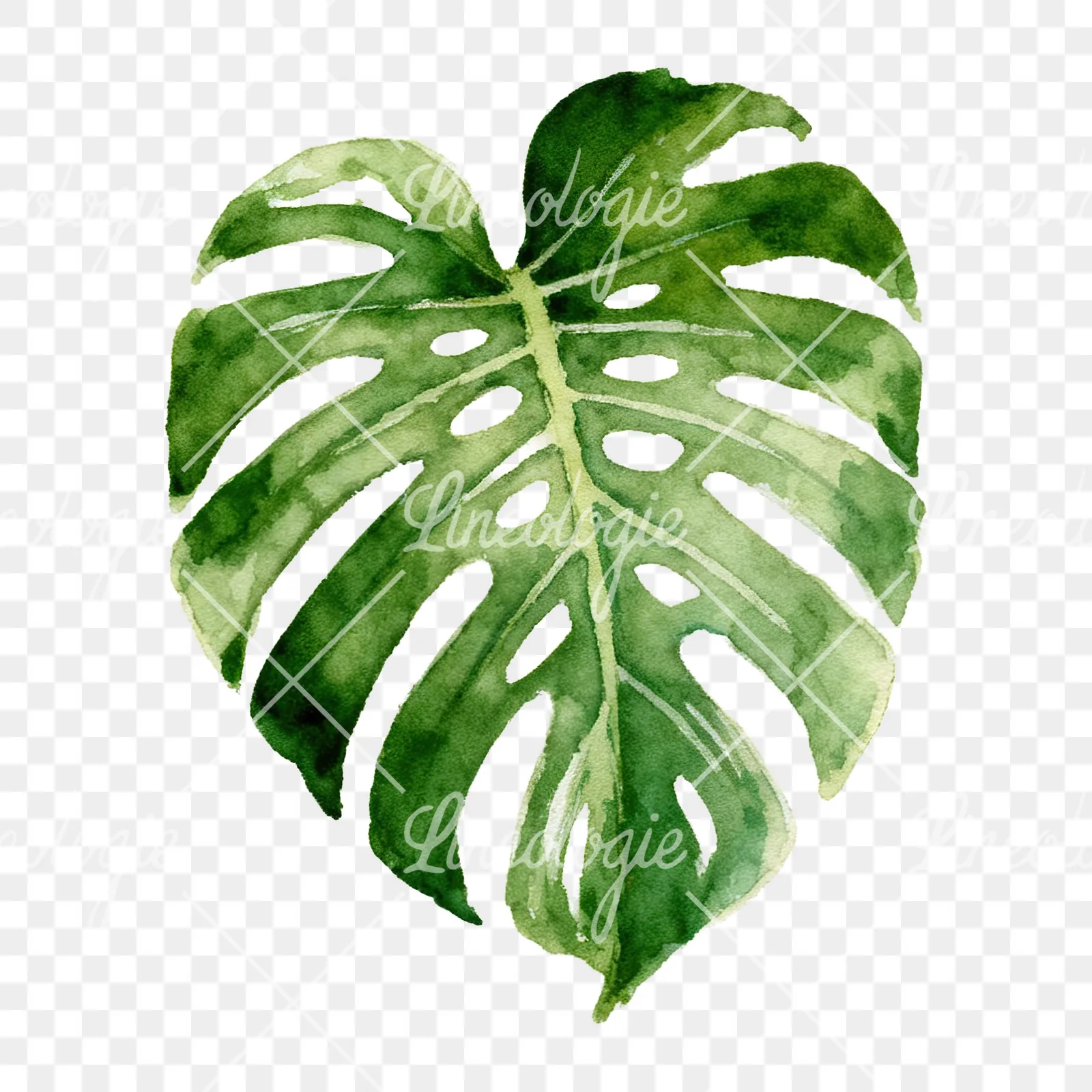 Watercolor light green monstera leaf clipart 5 of 9 on a transparent background (PNG)