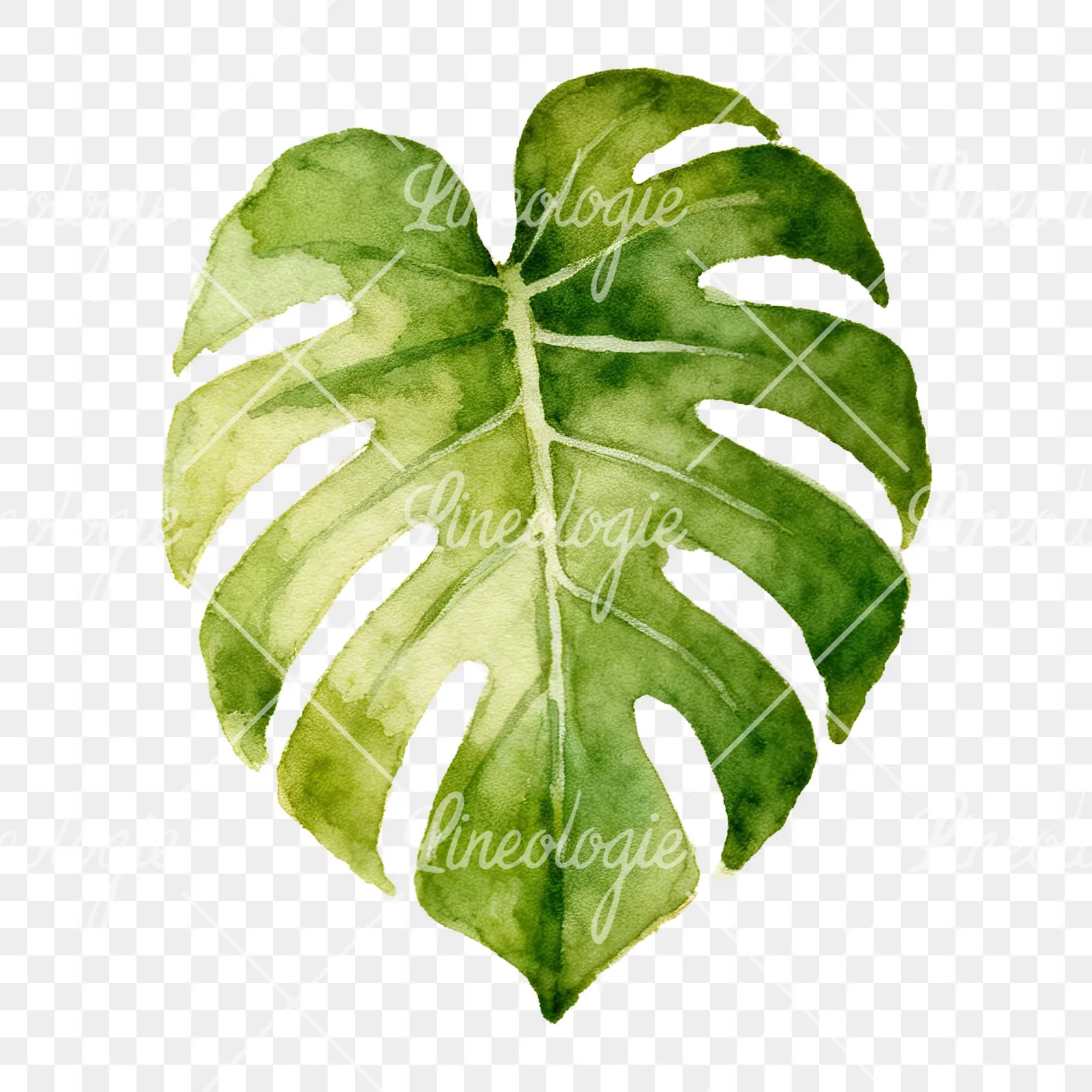 Watercolor light green monstera leaf clipart 6 of 9 on a transparent background (PNG)