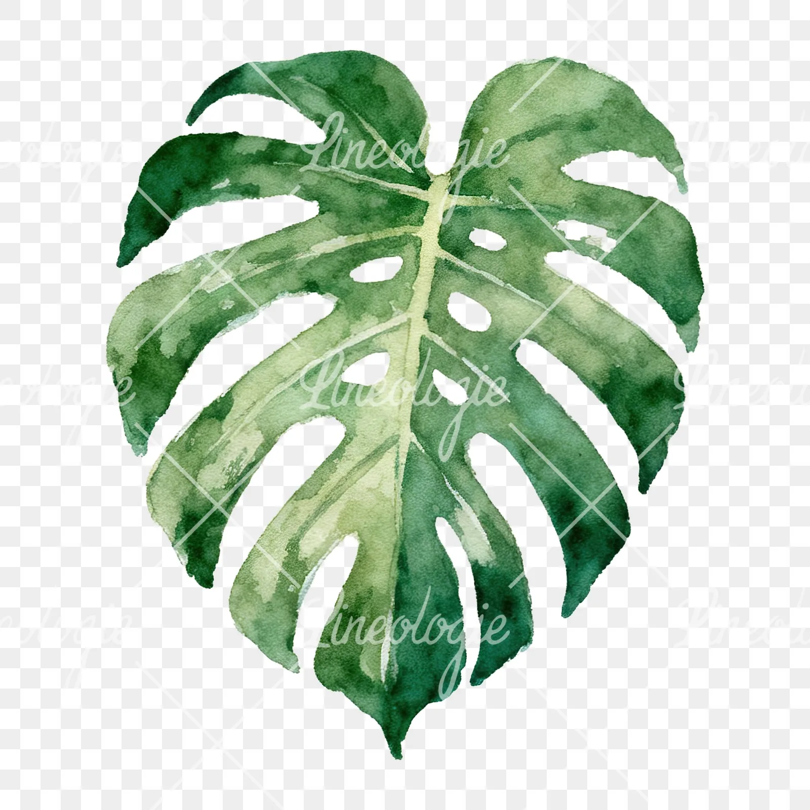 Watercolor light green monstera leaf clipart 7 of 9 on a transparent background (PNG)