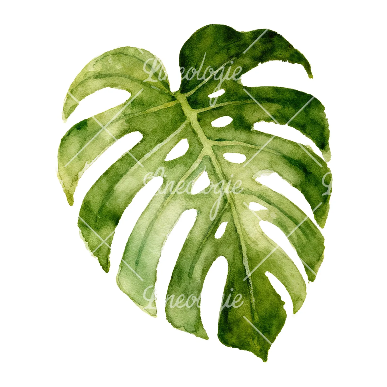 Watercolor light green monstera leaf clipart 8 of 9 on a white background (JPG)