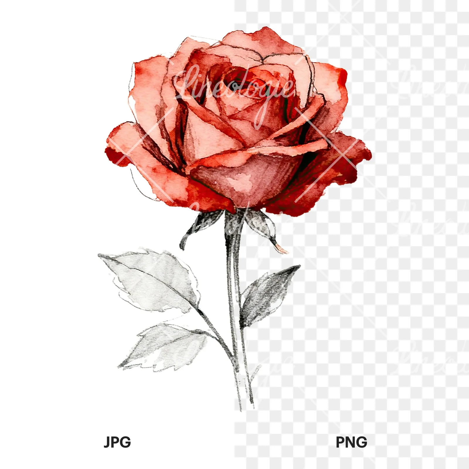 Watercolor natural boho rose clipart 1 of 9, as a JPG on white and a transparent PNG
