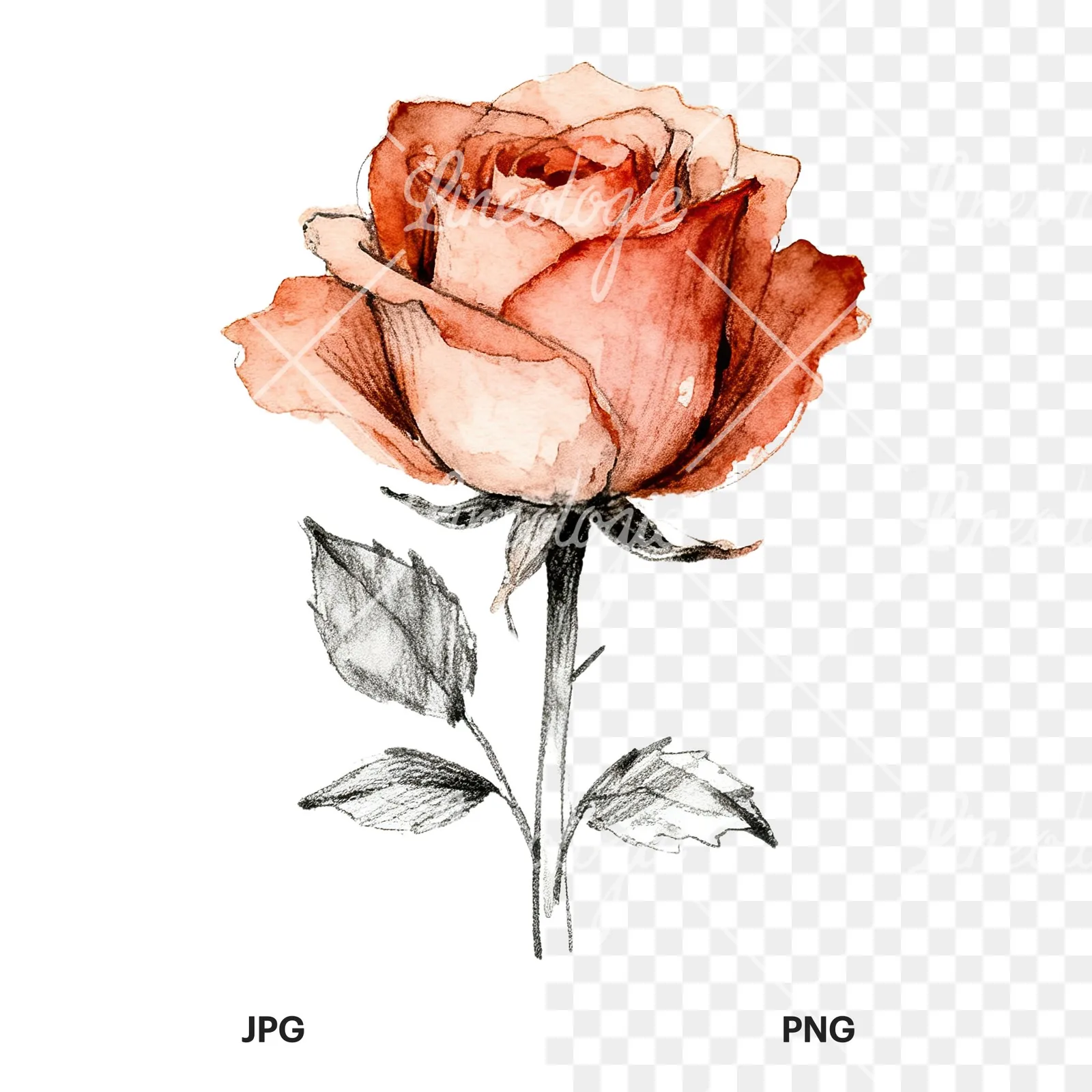 Watercolor natural boho rose clipart 2 of 9, as a JPG on white and a transparent PNG