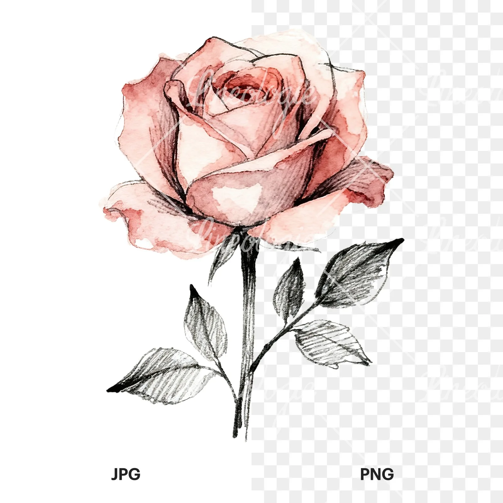 Watercolor natural boho rose clipart 3 of 9, as a JPG on white and a transparent PNG