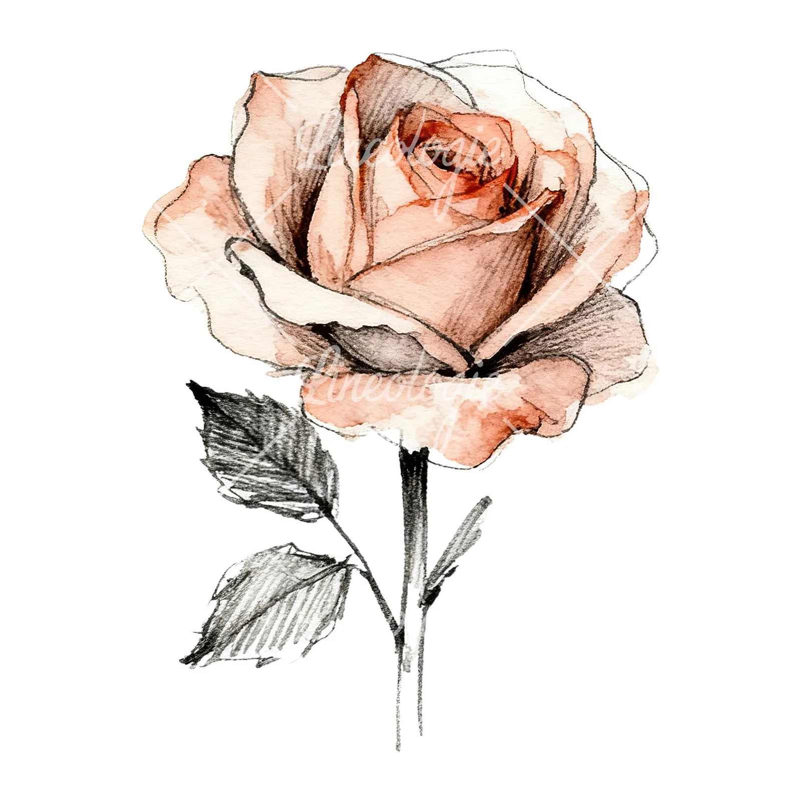 Watercolor natural boho rose clipart 4 of 9 on a white background (JPG)