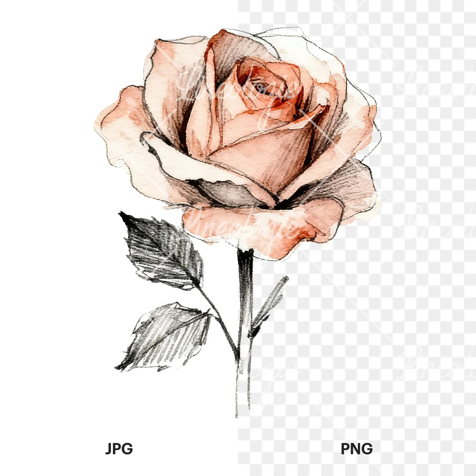 Watercolor natural boho rose clipart 4 of 9, as a JPG on white and a transparent PNG