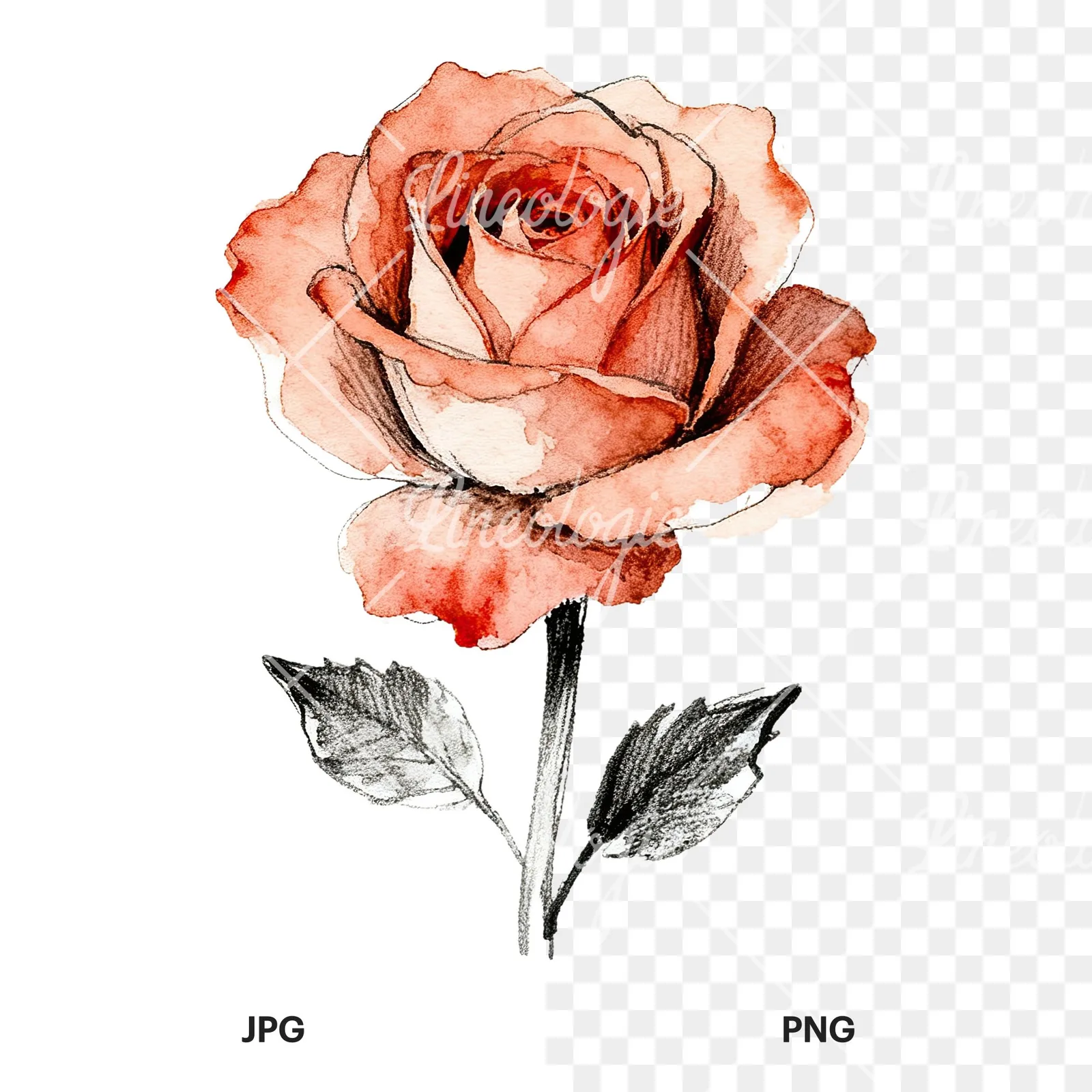 Watercolor natural boho rose clipart 5 of 9, as a JPG on white and a transparent PNG