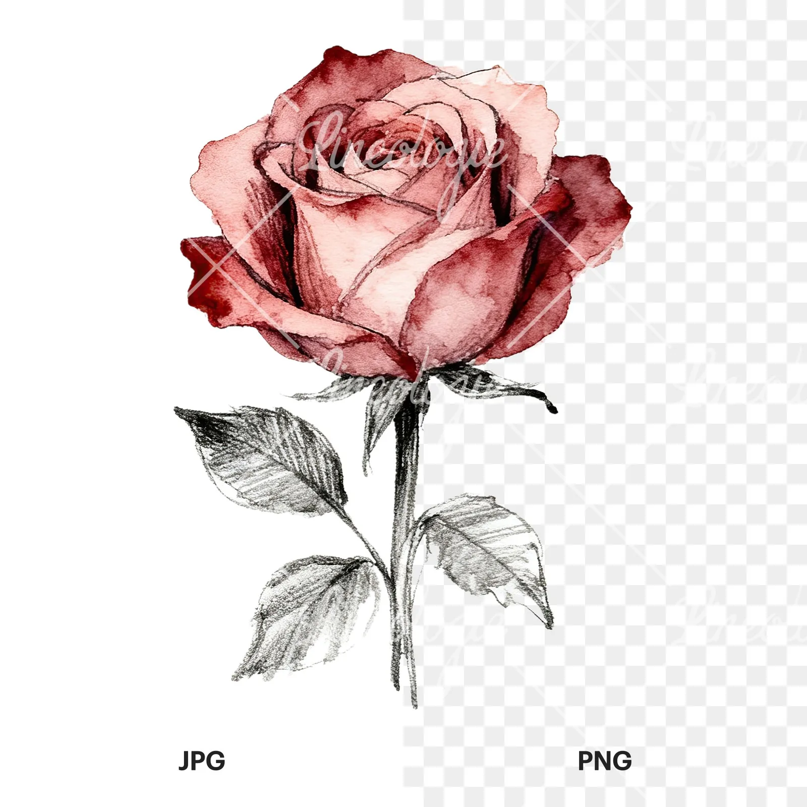 Watercolor natural boho rose clipart 6 of 9, as a JPG on white and a transparent PNG