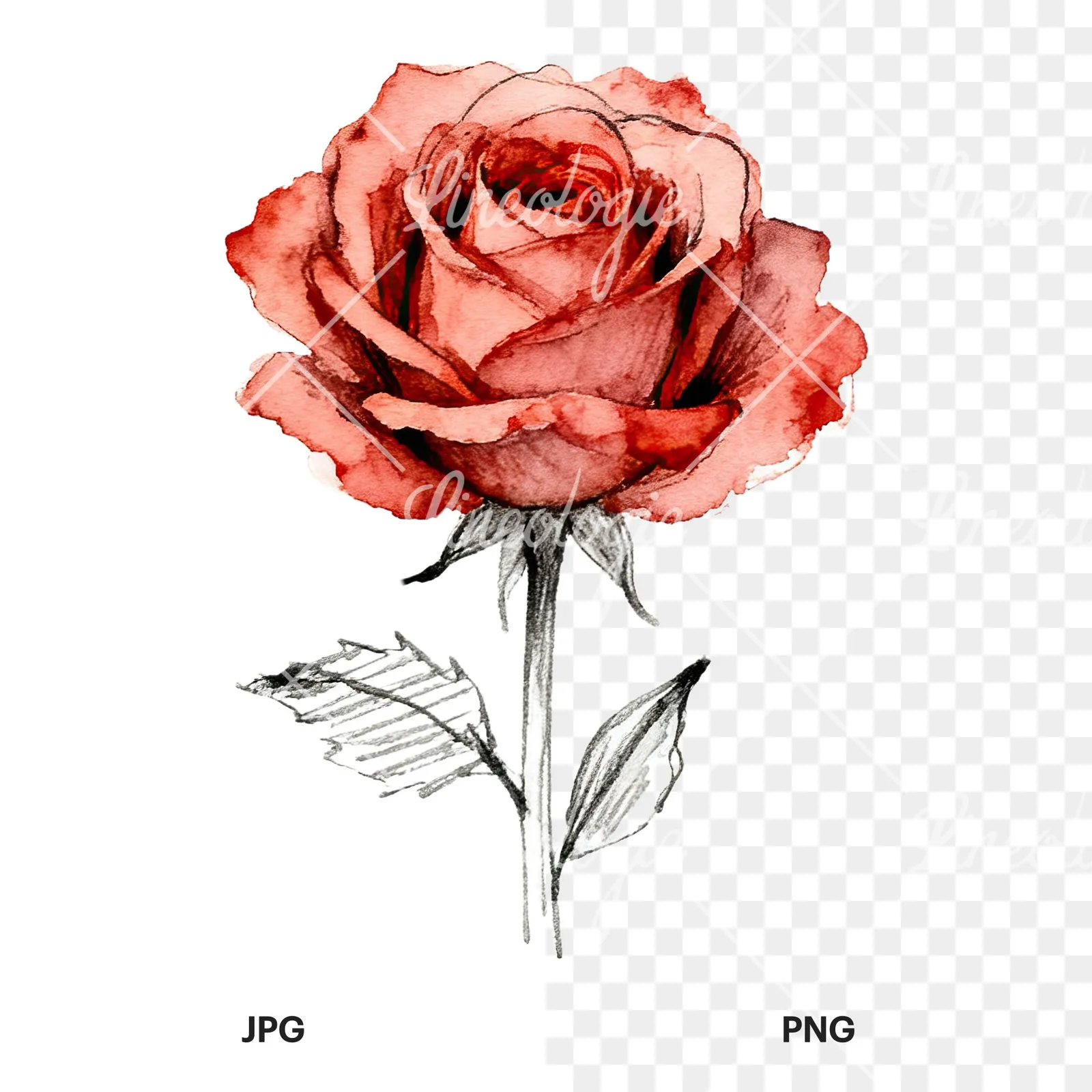 Watercolor natural boho rose clipart 7 of 9, as a JPG on white and a transparent PNG