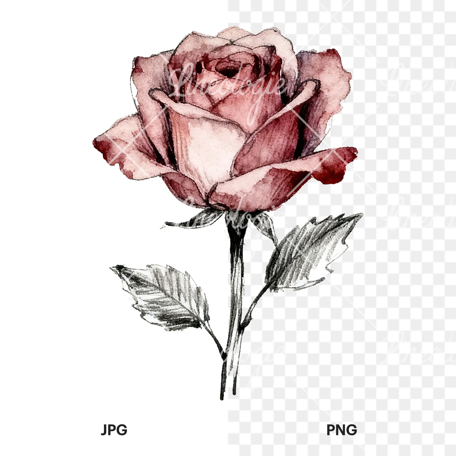 Watercolor natural boho rose clipart 8 of 9, as a JPG on white and a transparent PNG