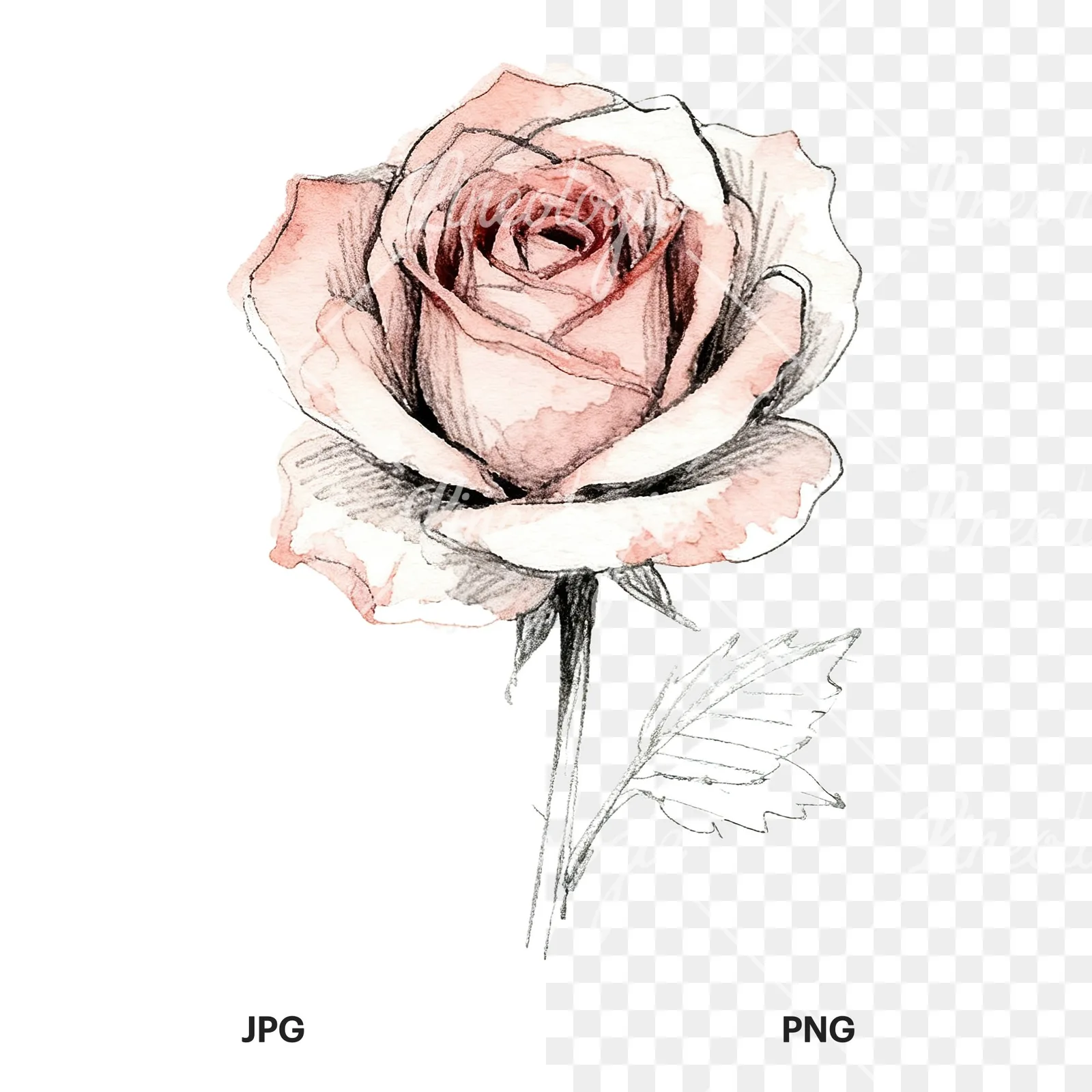 Watercolor natural boho rose clipart 9 of 9, as a JPG on white and a transparent PNG