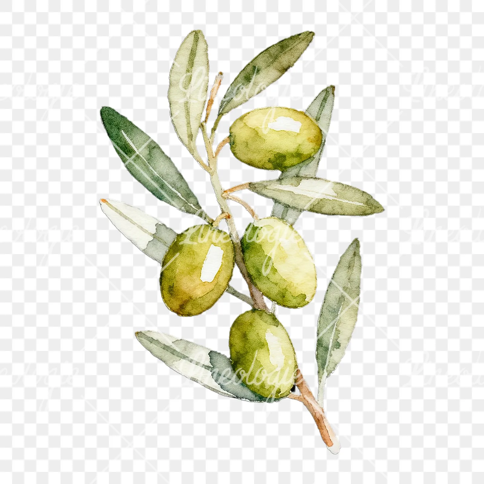 Watercolor olive branch with black olives clipart 7 of 9 on a transparent background (PNG)