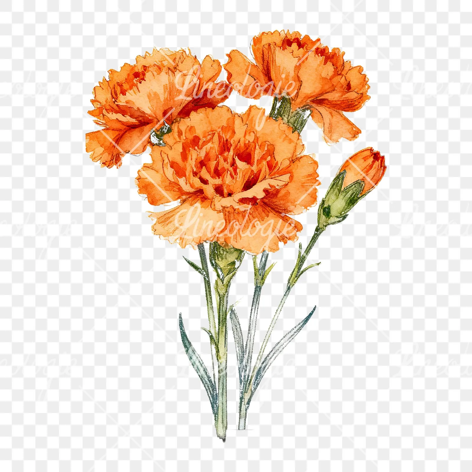 Watercolor orange carnation bouquet with clusters clipart 1 of 9 on a transparent background (PNG)