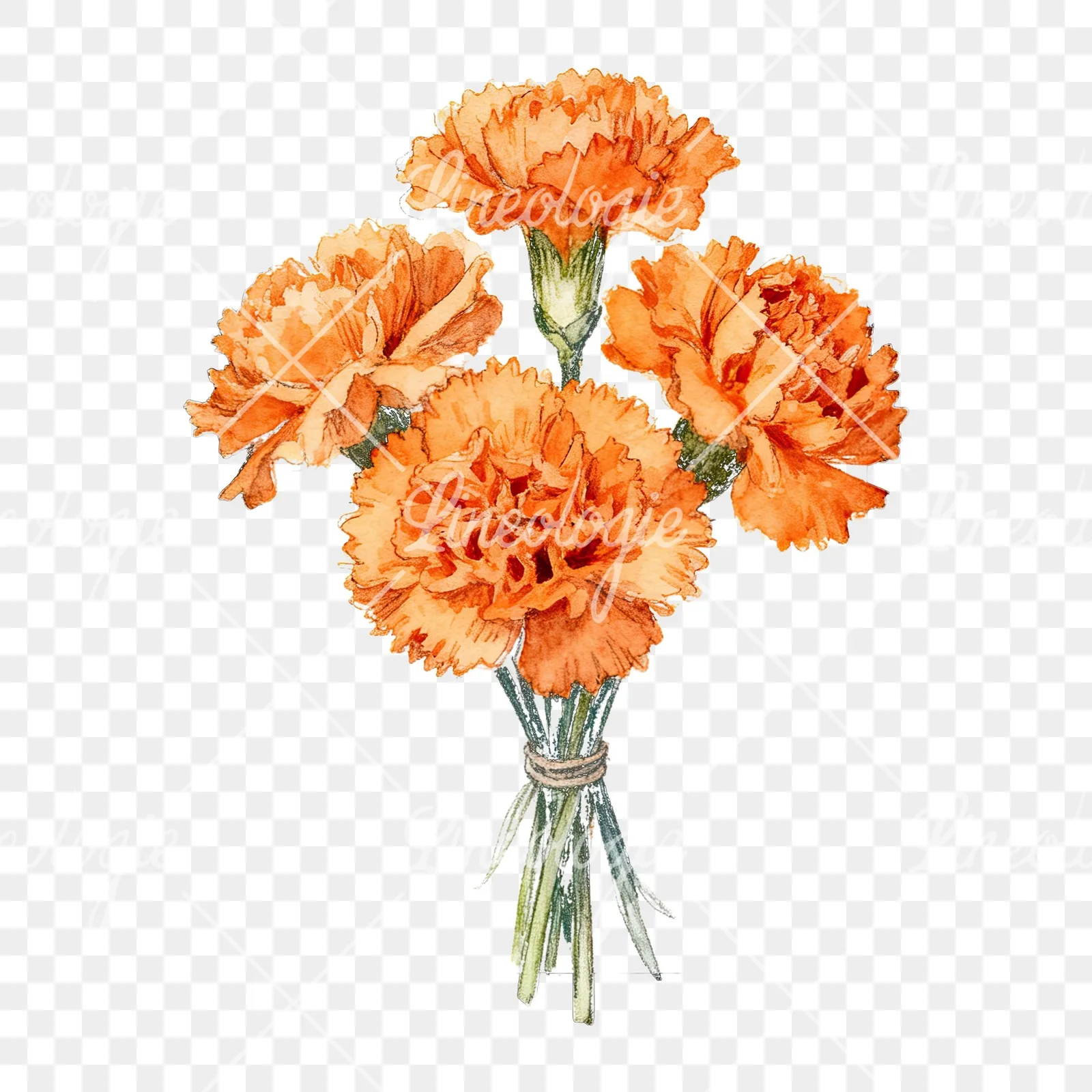 Watercolor orange carnation bouquet with clusters clipart 2 of 9 on a transparent background (PNG)