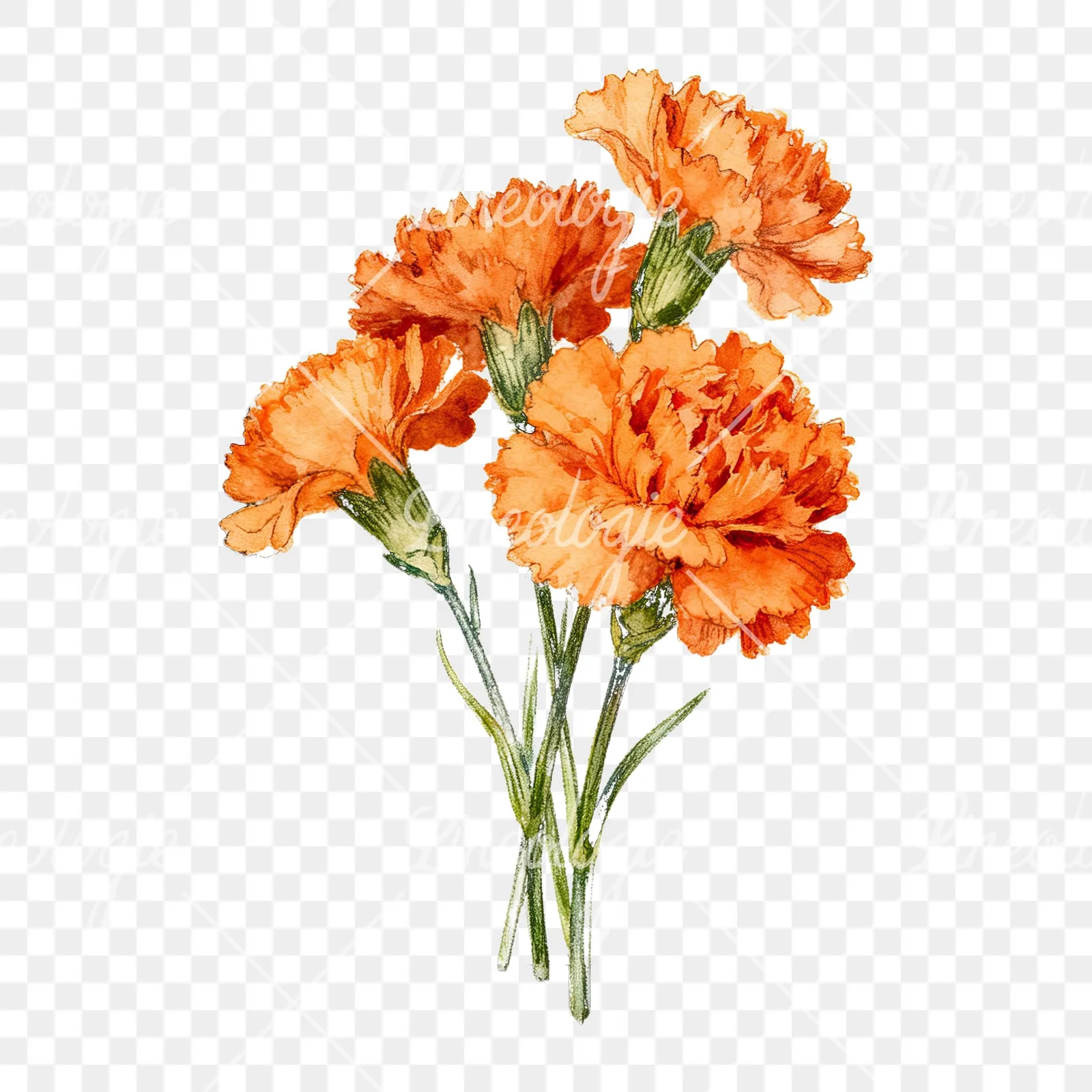 Watercolor orange carnation bouquet with clusters clipart 3 of 9 on a transparent background (PNG)