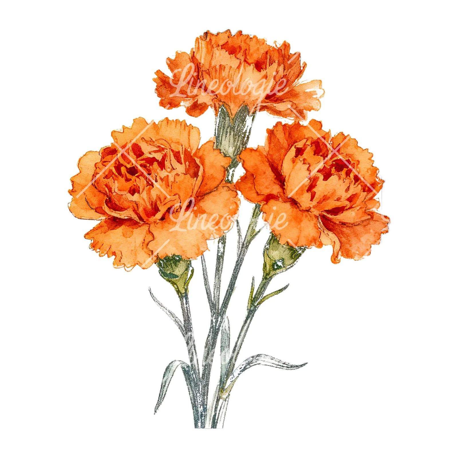 Watercolor orange carnation bouquet with clusters clipart 4 of 9 on a white background (JPG)