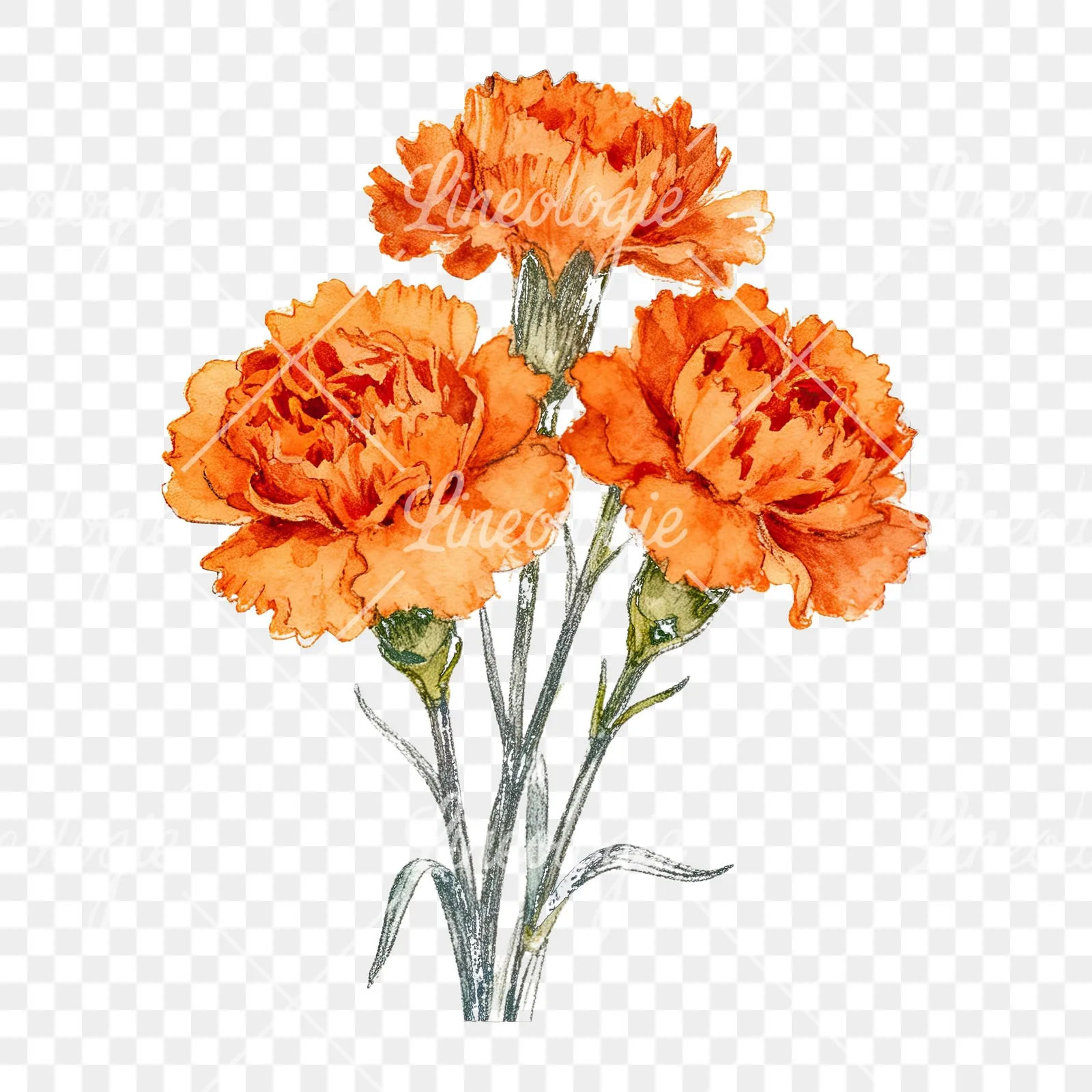 Watercolor orange carnation bouquet with clusters clipart 4 of 9 on a transparent background (PNG)