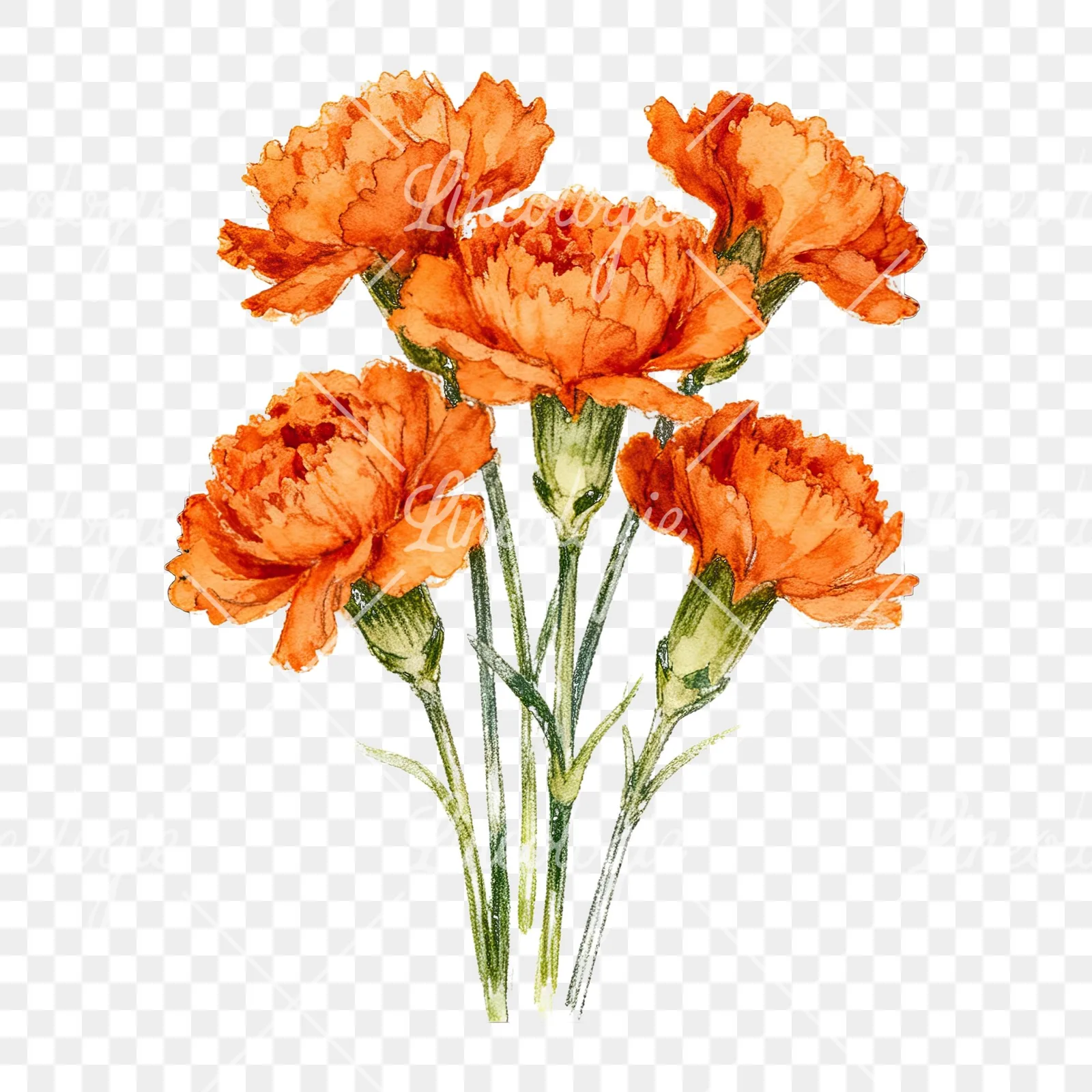 Watercolor orange carnation bouquet with clusters clipart 5 of 9 on a transparent background (PNG)