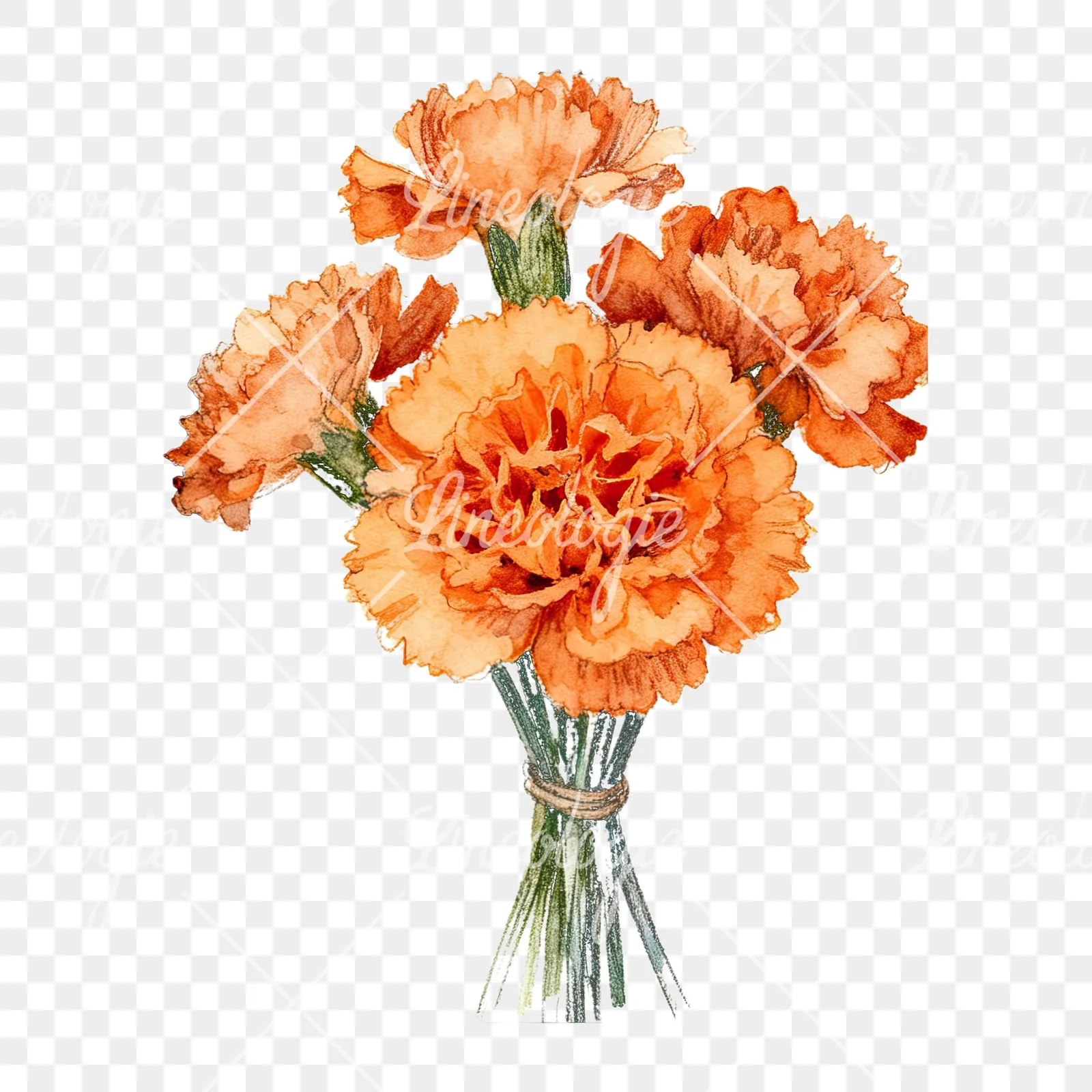Watercolor orange carnation bouquet with clusters clipart 6 of 9 on a transparent background (PNG)
