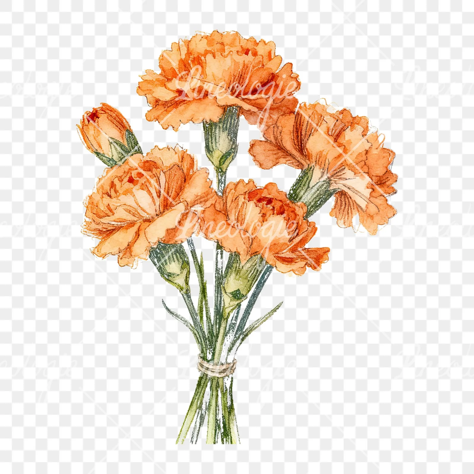 Watercolor orange carnation bouquet with clusters clipart 7 of 9 on a transparent background (PNG)