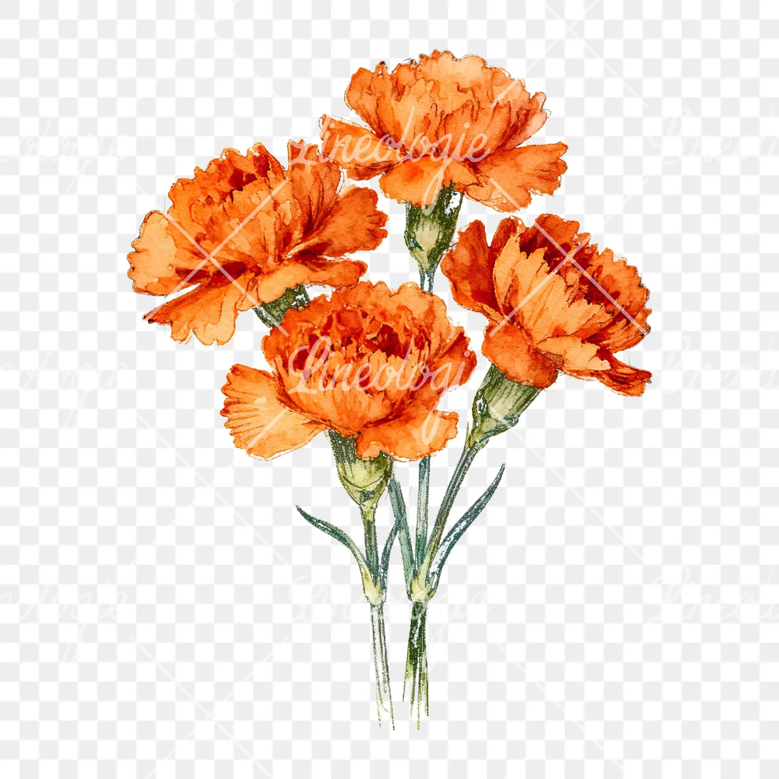 Watercolor orange carnation bouquet with clusters clipart 8 of 9 on a transparent background (PNG)