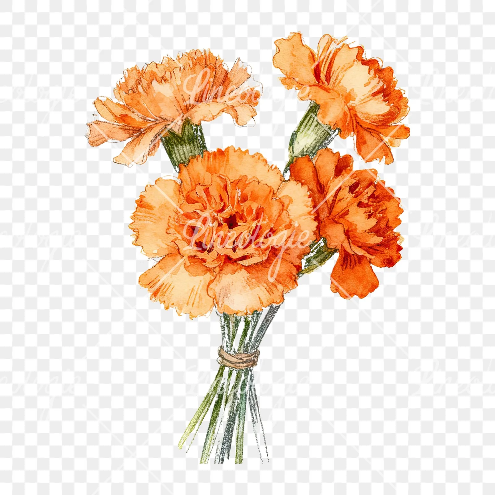Watercolor orange carnation bouquet with clusters clipart 9 of 9 on a transparent background (PNG)