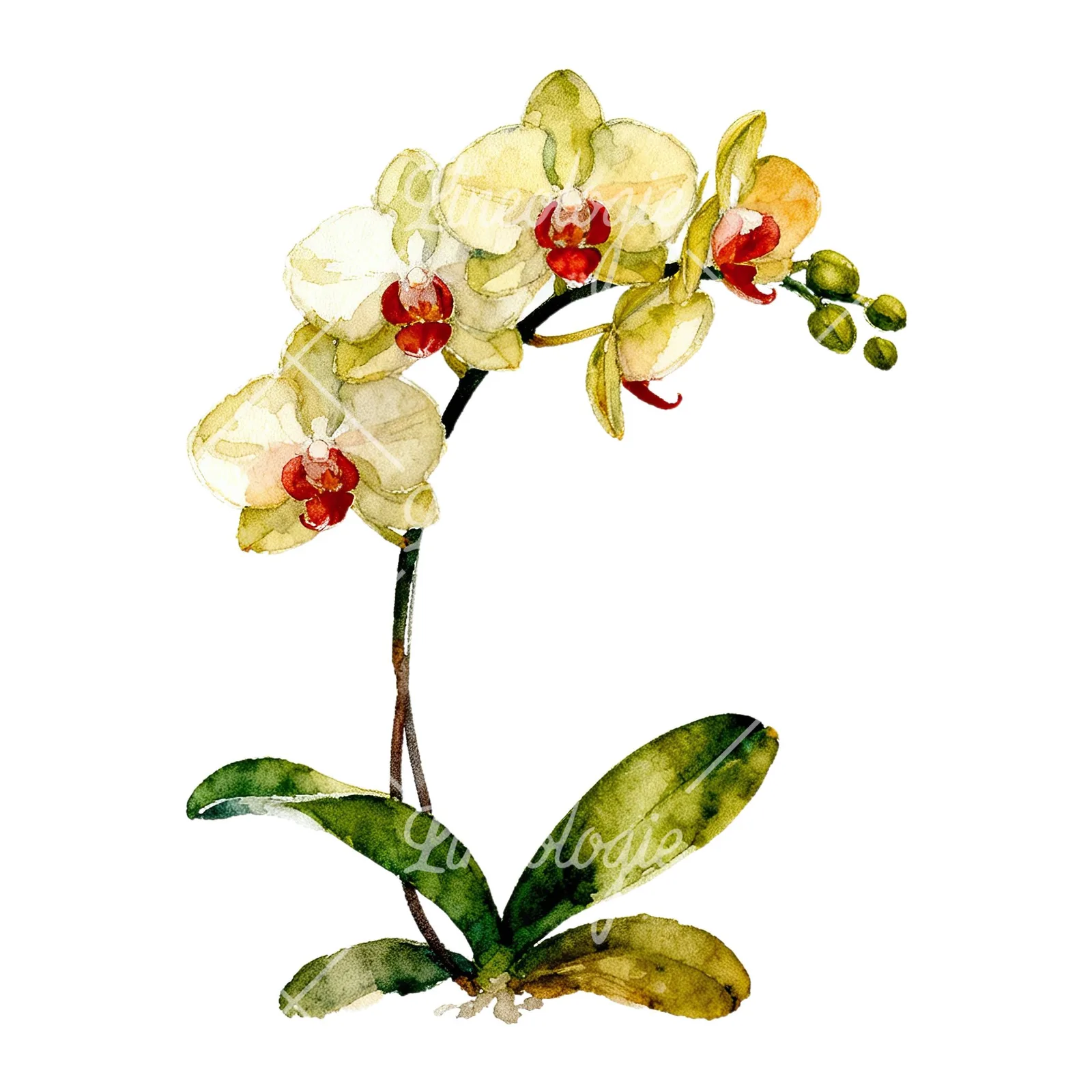 Watercolor orchid bouquet with leaves clipart 1 of 9 on a white background (JPG)